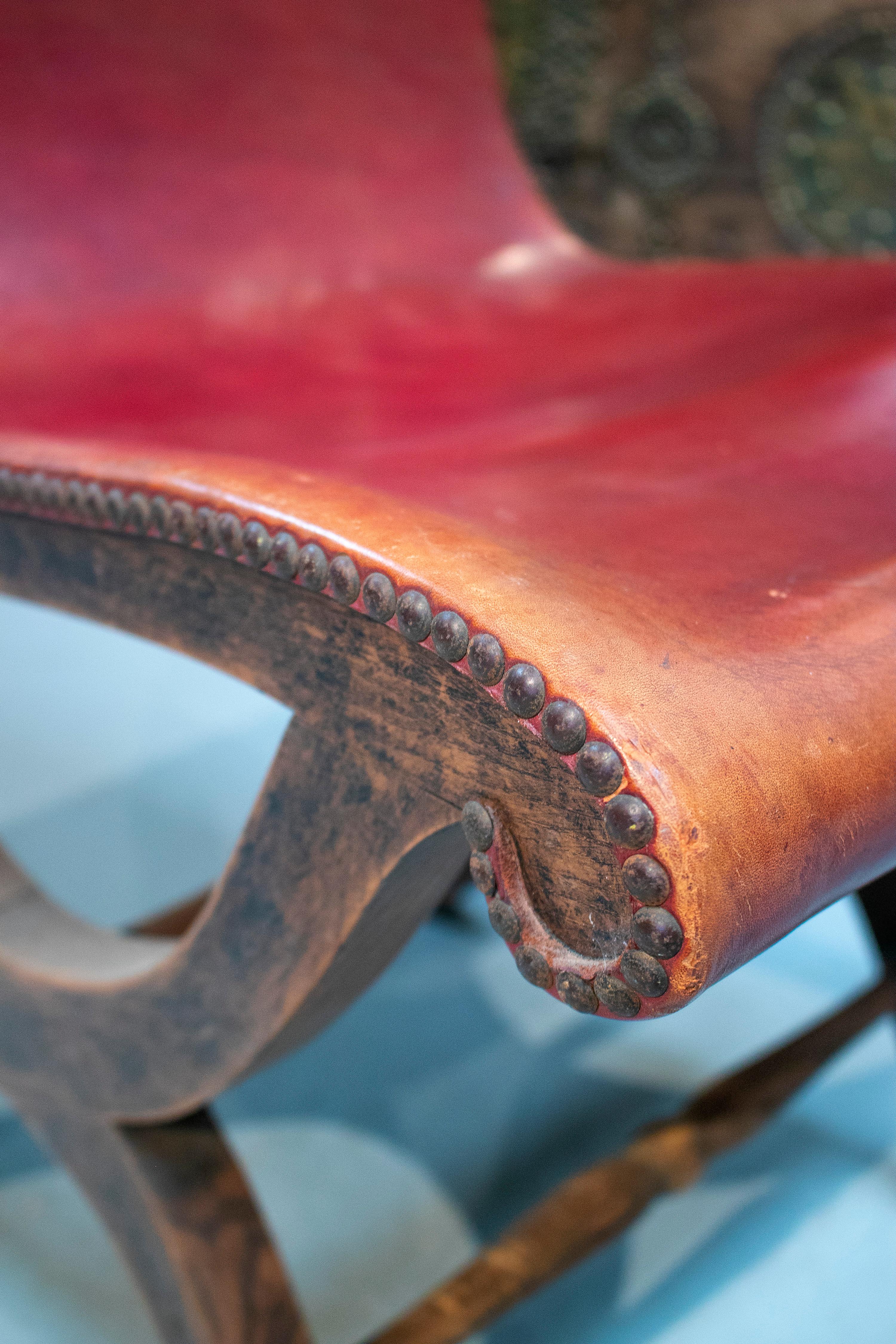 1970s Pair of Spanish Wood and Red Leather Tall Back Chairs 2