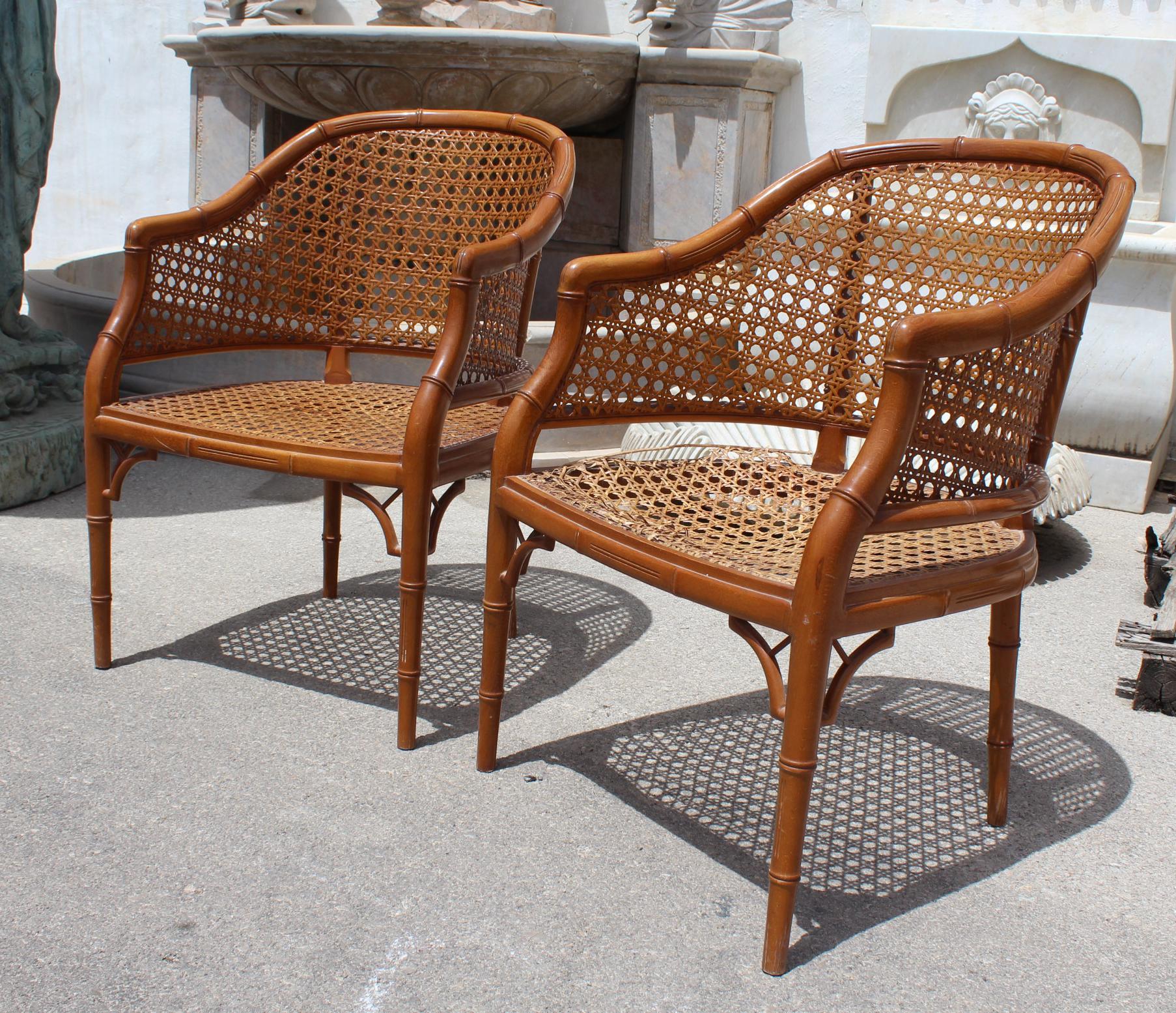 1970s pair of Spanish wooden chairs imitating bamboo.