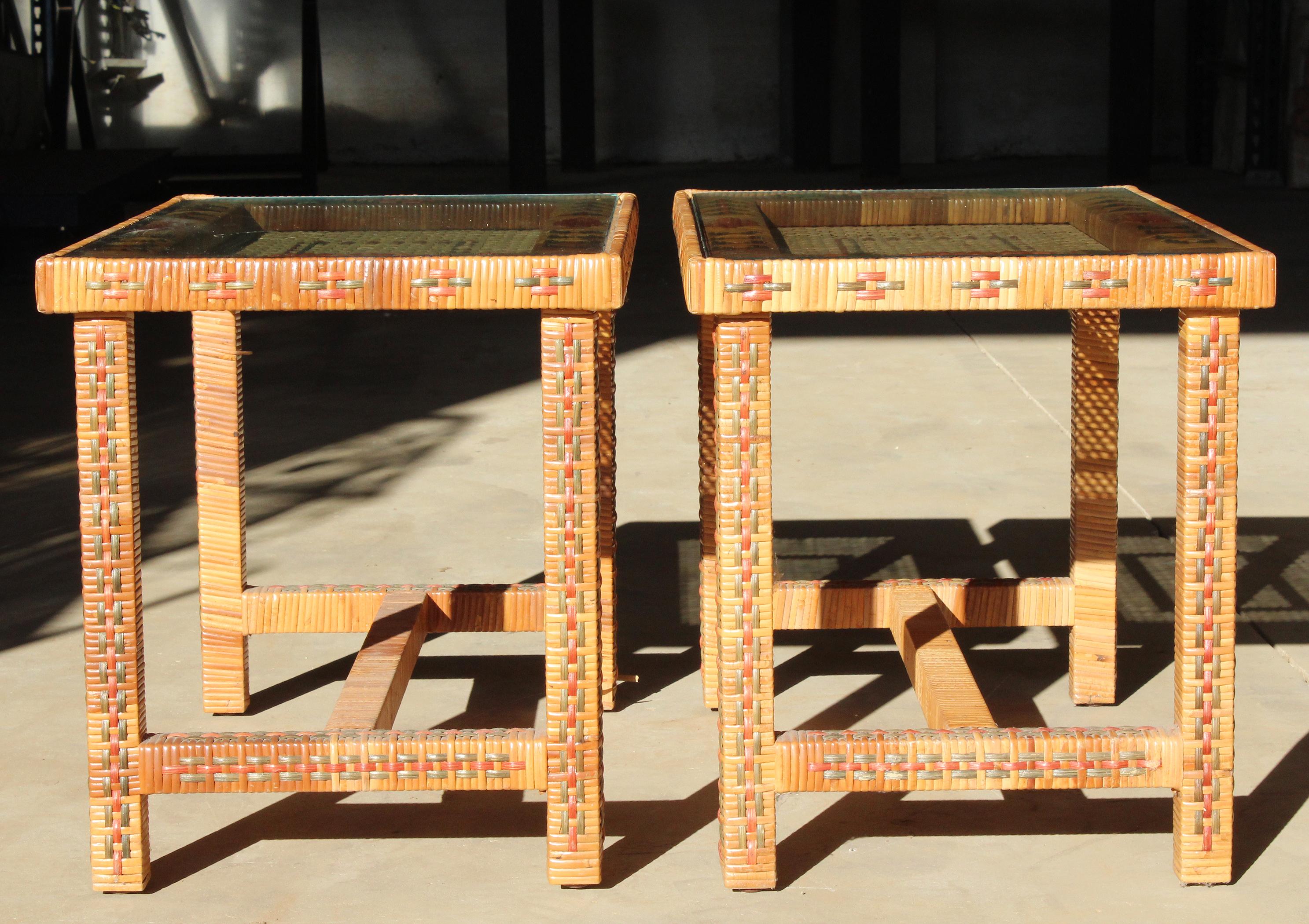 1970s Pair of Spanish Woven Wicker Wooden Bedside Tables 1