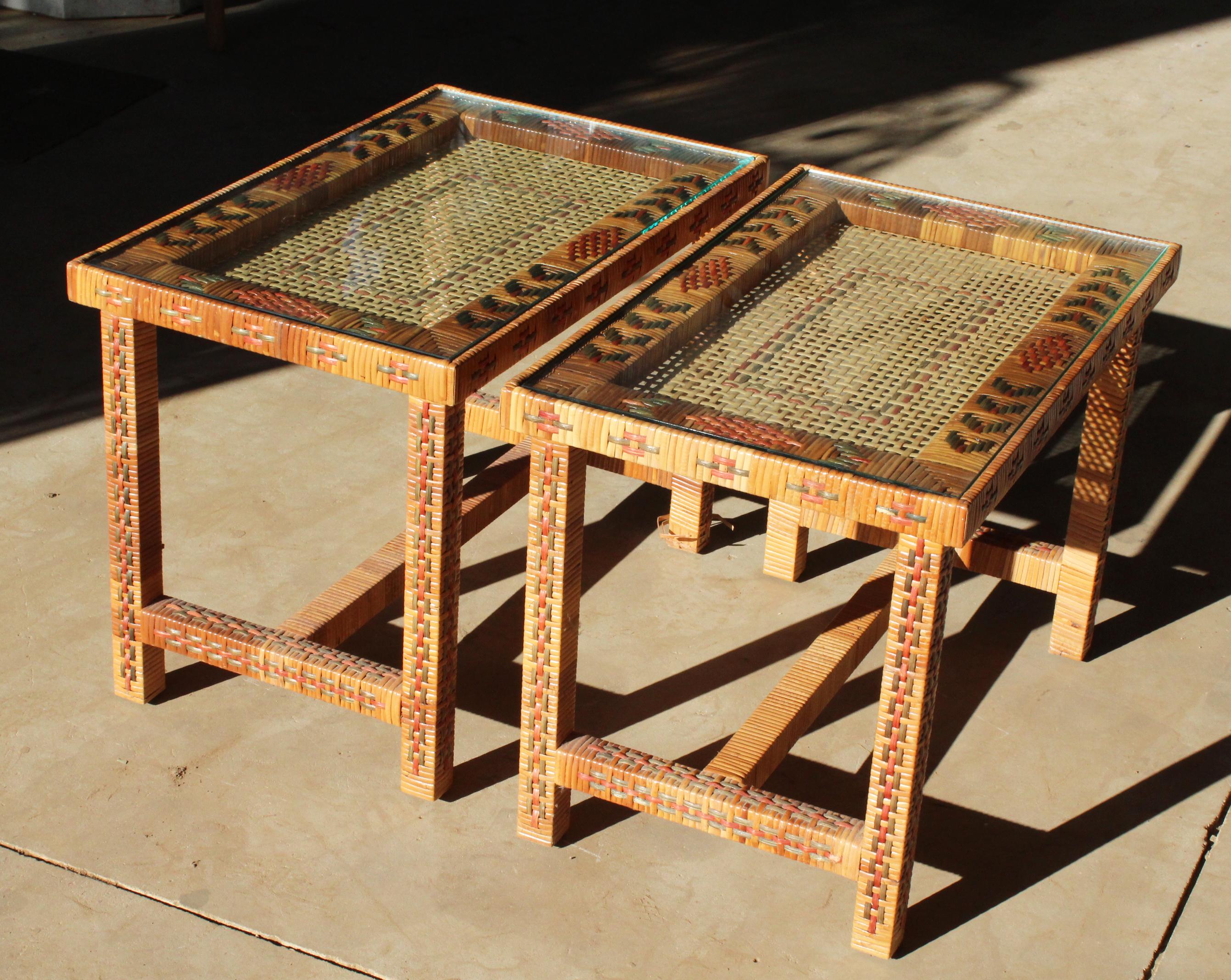 1970s Pair of Spanish Woven Wicker Wooden Bedside Tables 2