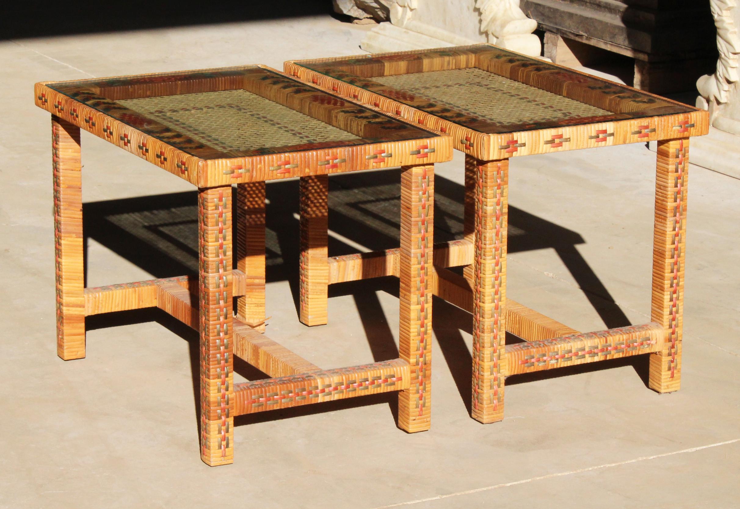 1970s Pair of Spanish Woven Wicker Wooden Bedside Tables 3