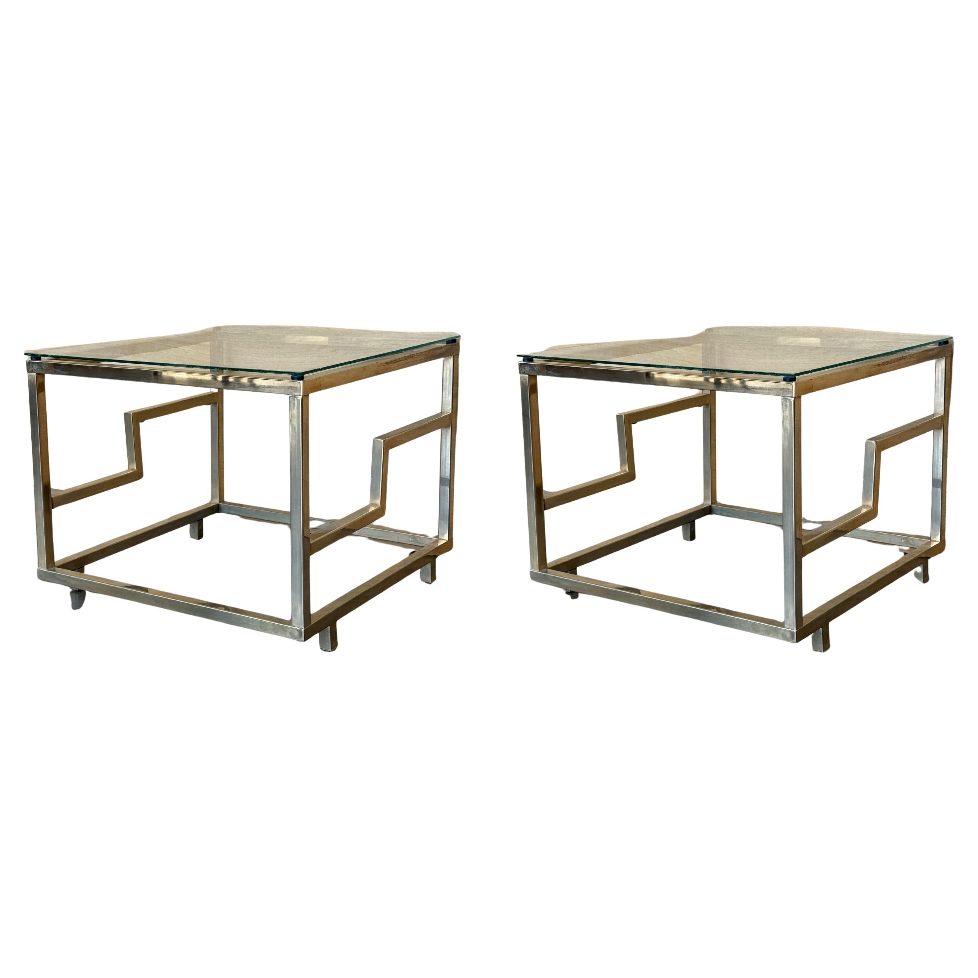 1970s Pair of  Square Brass and Glass Structural Coffee tables, Italian