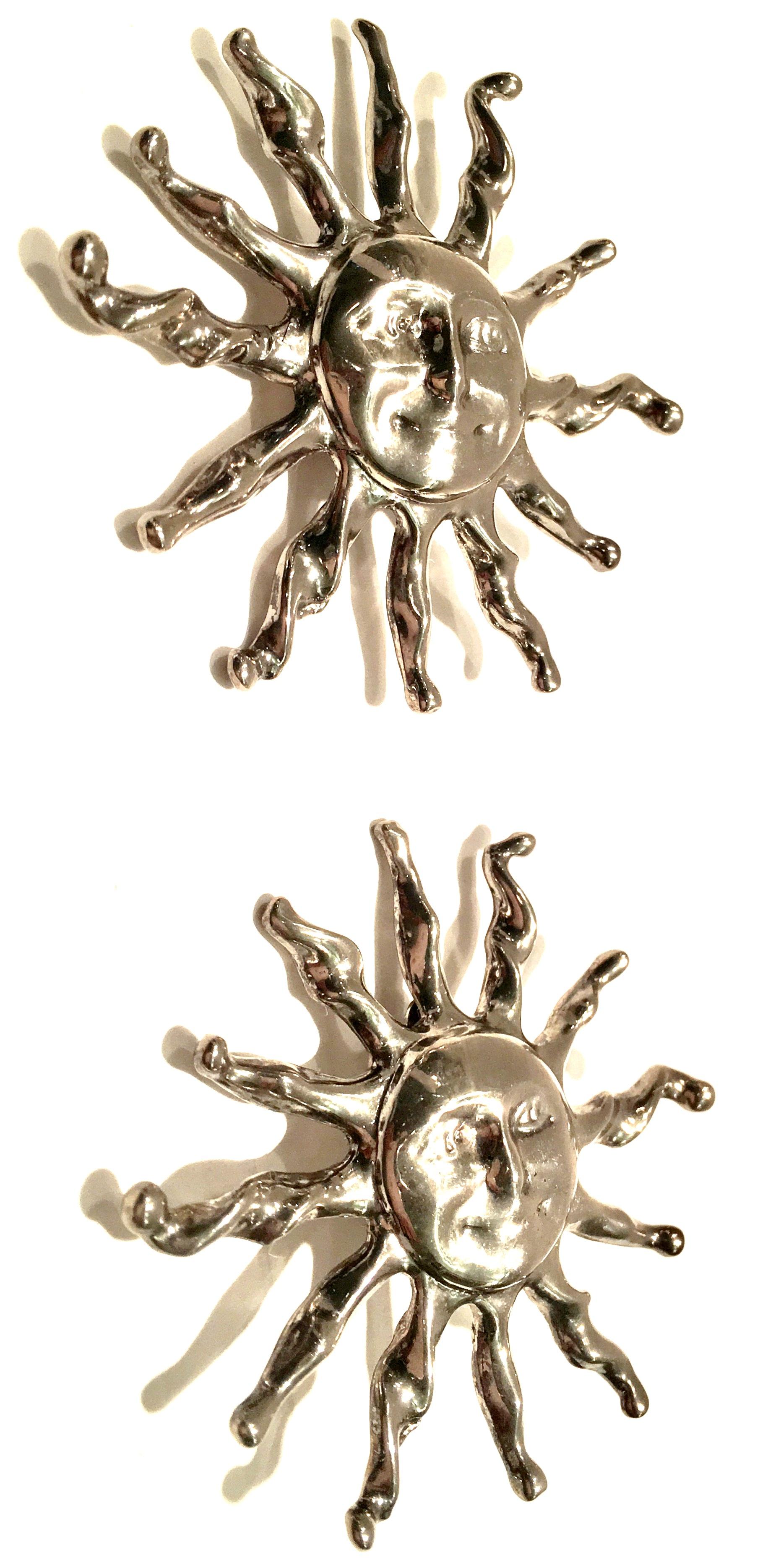 Women's or Men's 1970'S Pair Of Sterling Silver Large Abstract Sunburst Earrings For Sale