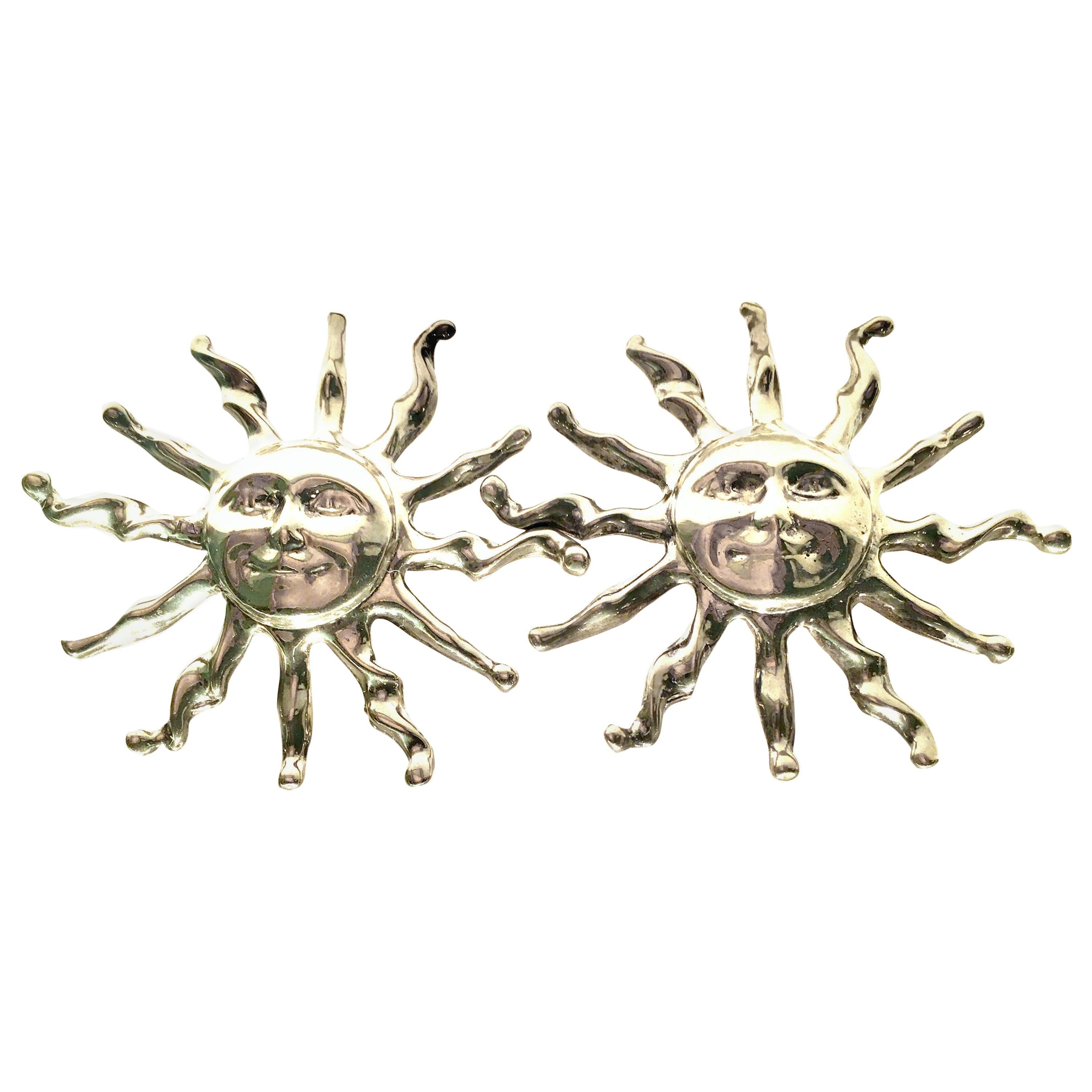 1970'S Pair Of Sterling Silver Large Abstract Sunburst Earrings For Sale