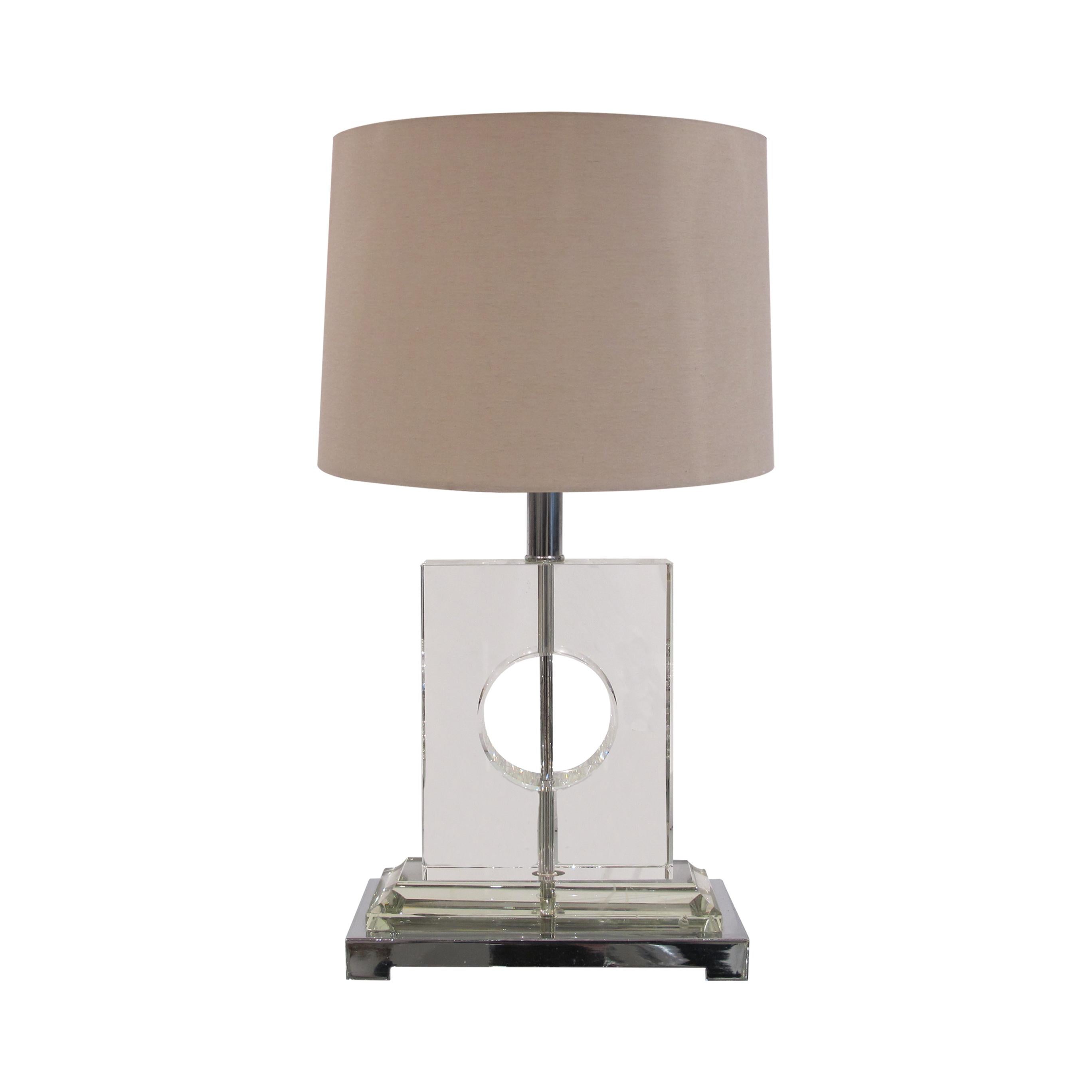 Mid-Century Modern 1970s Pair of Stylish Italian Glass & Chrome Rectangular Table Lamps Inc Shades