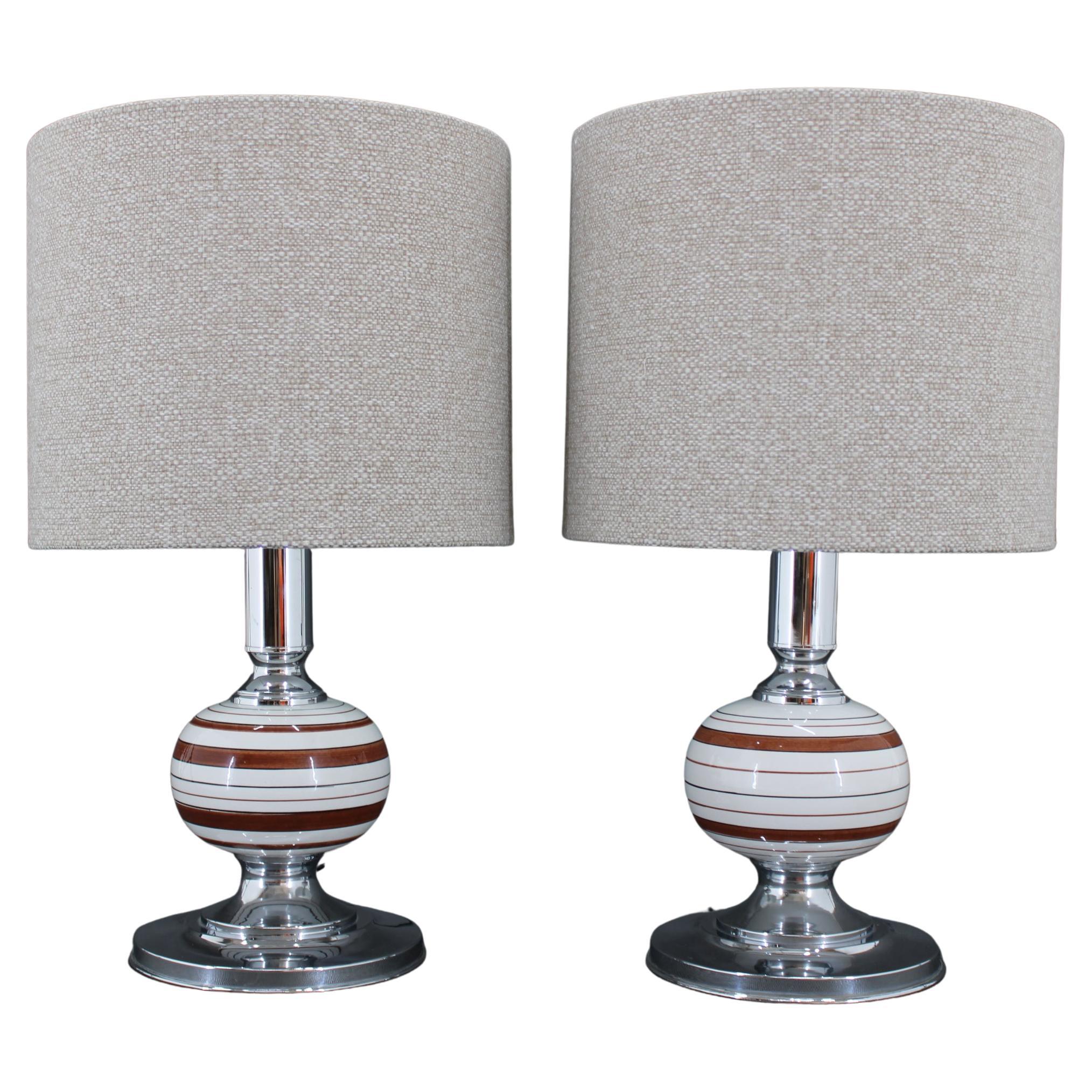 1970s Pair Of Table Lamps With New Fabric Shade, Italy