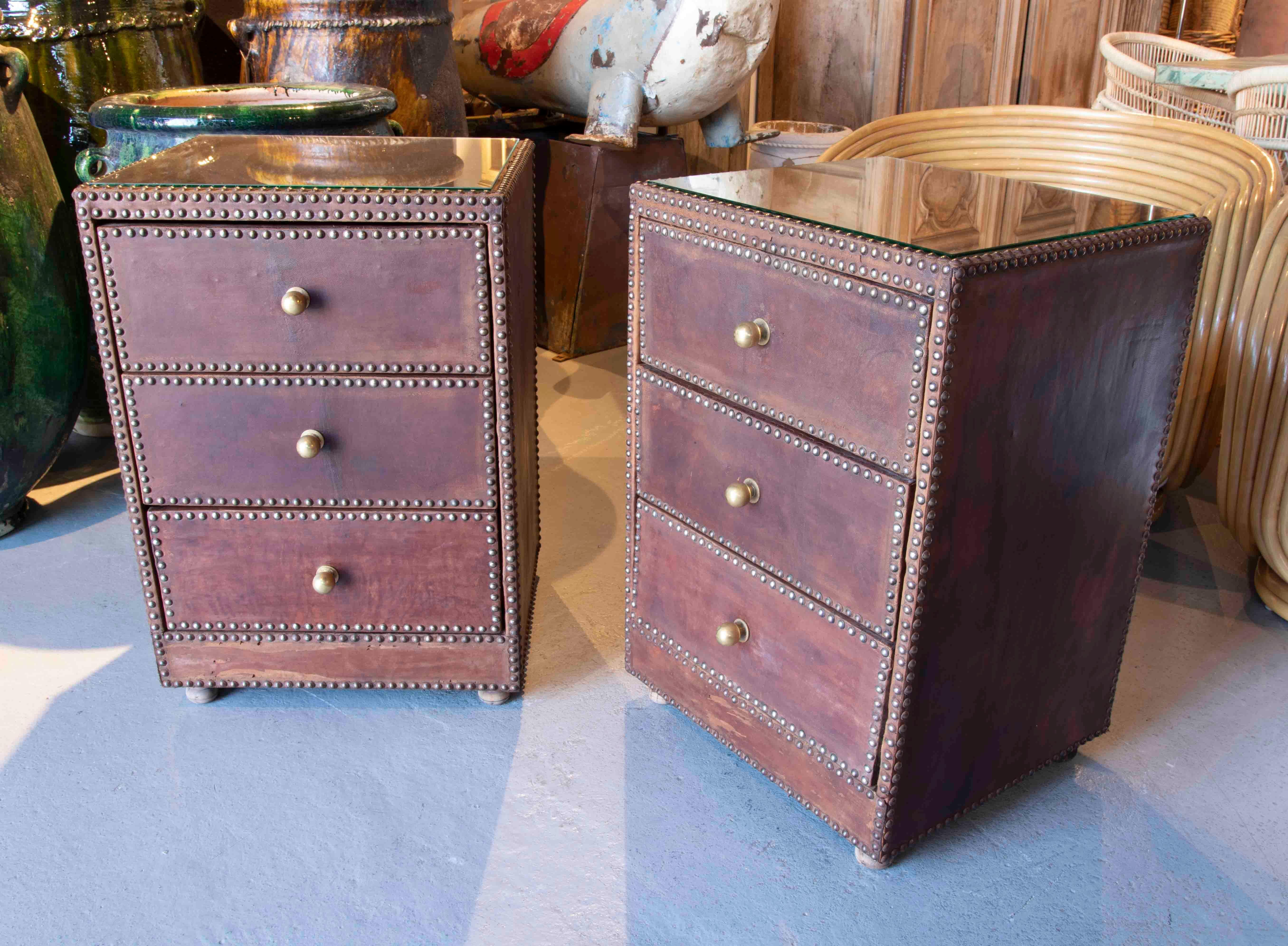 English 1970s Pair of Tables with Drawers, Studded Leather and Brass Handles  For Sale