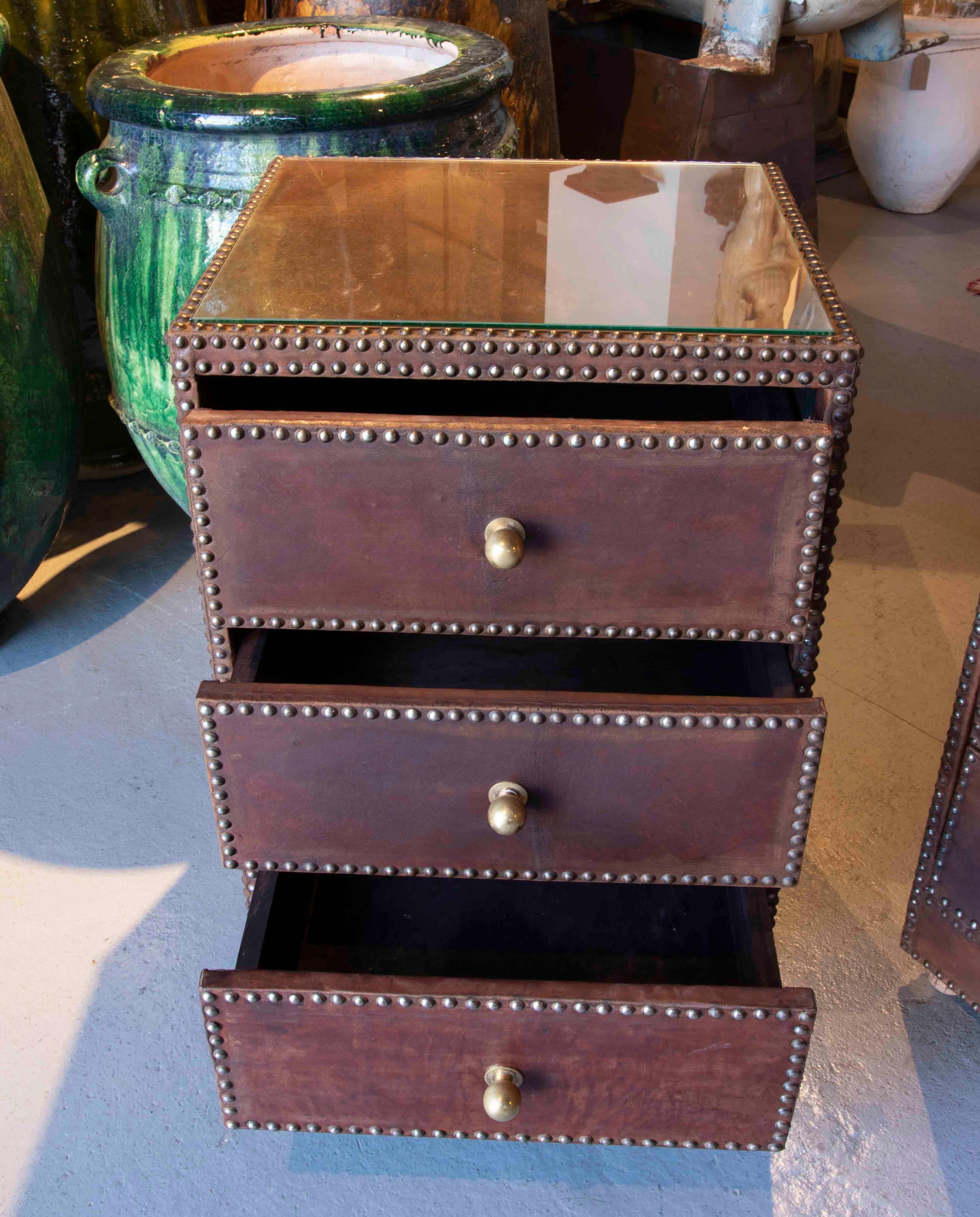 1970s Pair of Tables with Drawers, Studded Leather and Brass Handles  For Sale 1