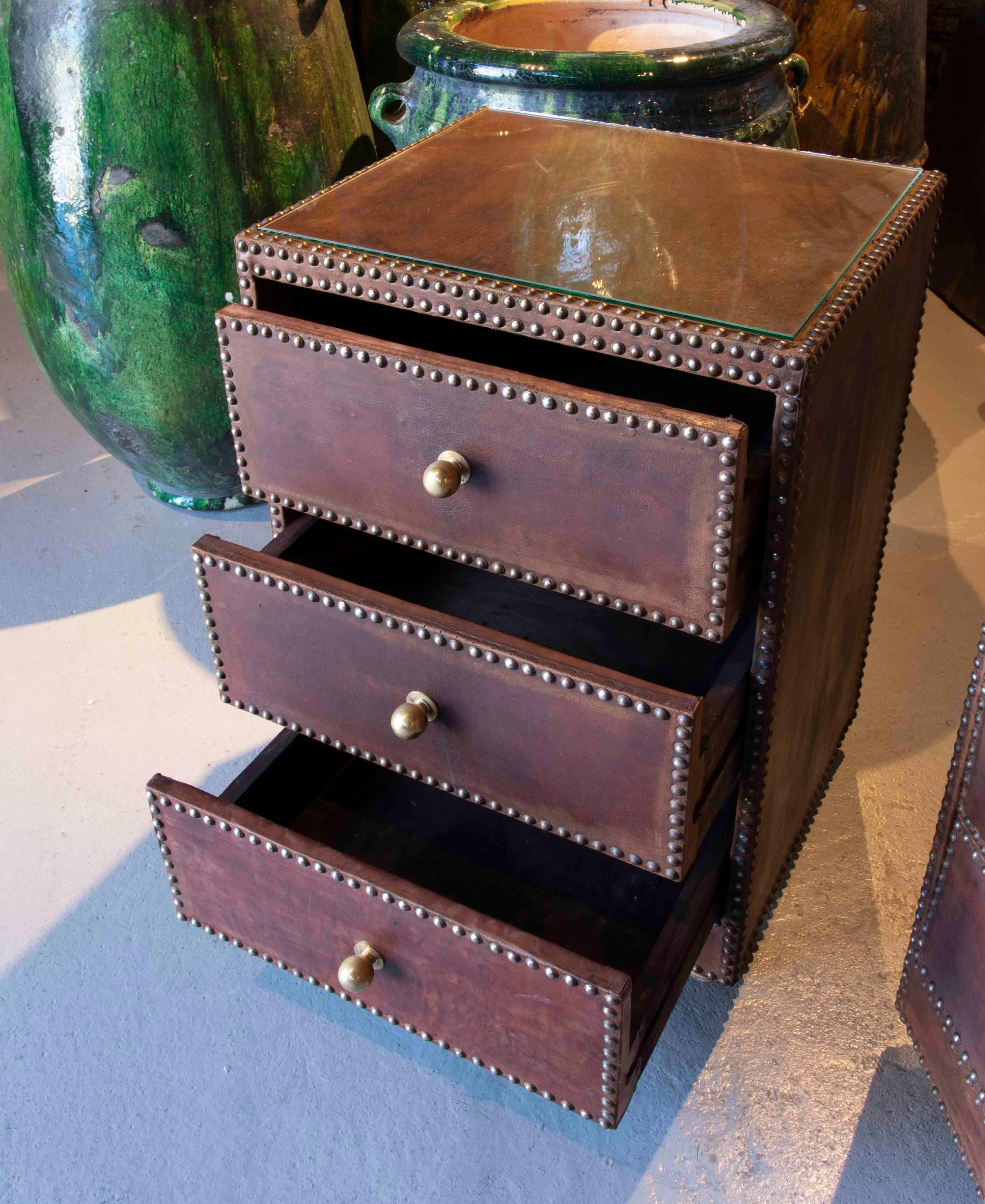 1970s Pair of Tables with Drawers, Studded Leather and Brass Handles  For Sale 2