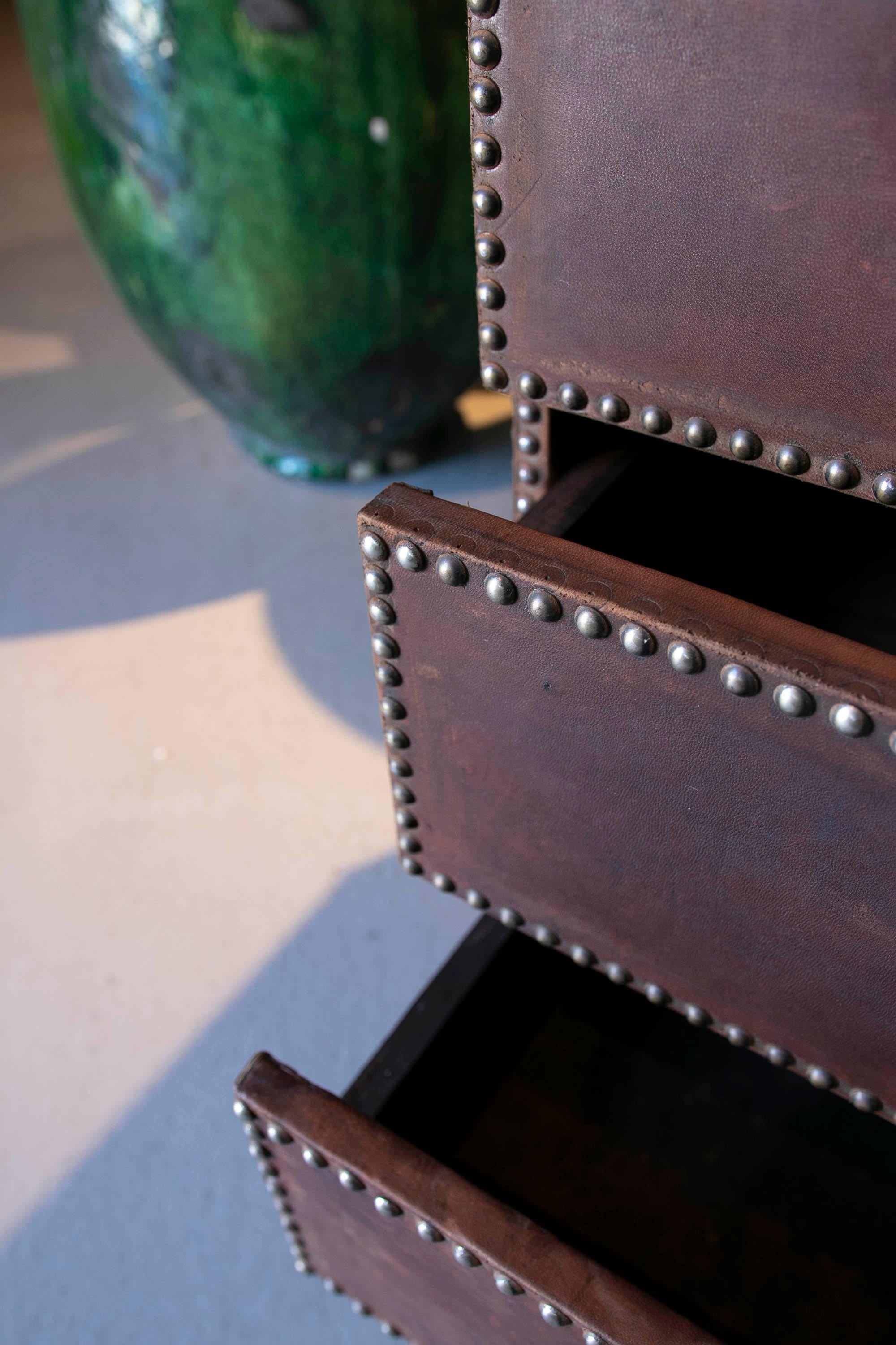 1970s Pair of Tables with Drawers, Studded Leather and Brass Handles  For Sale 5