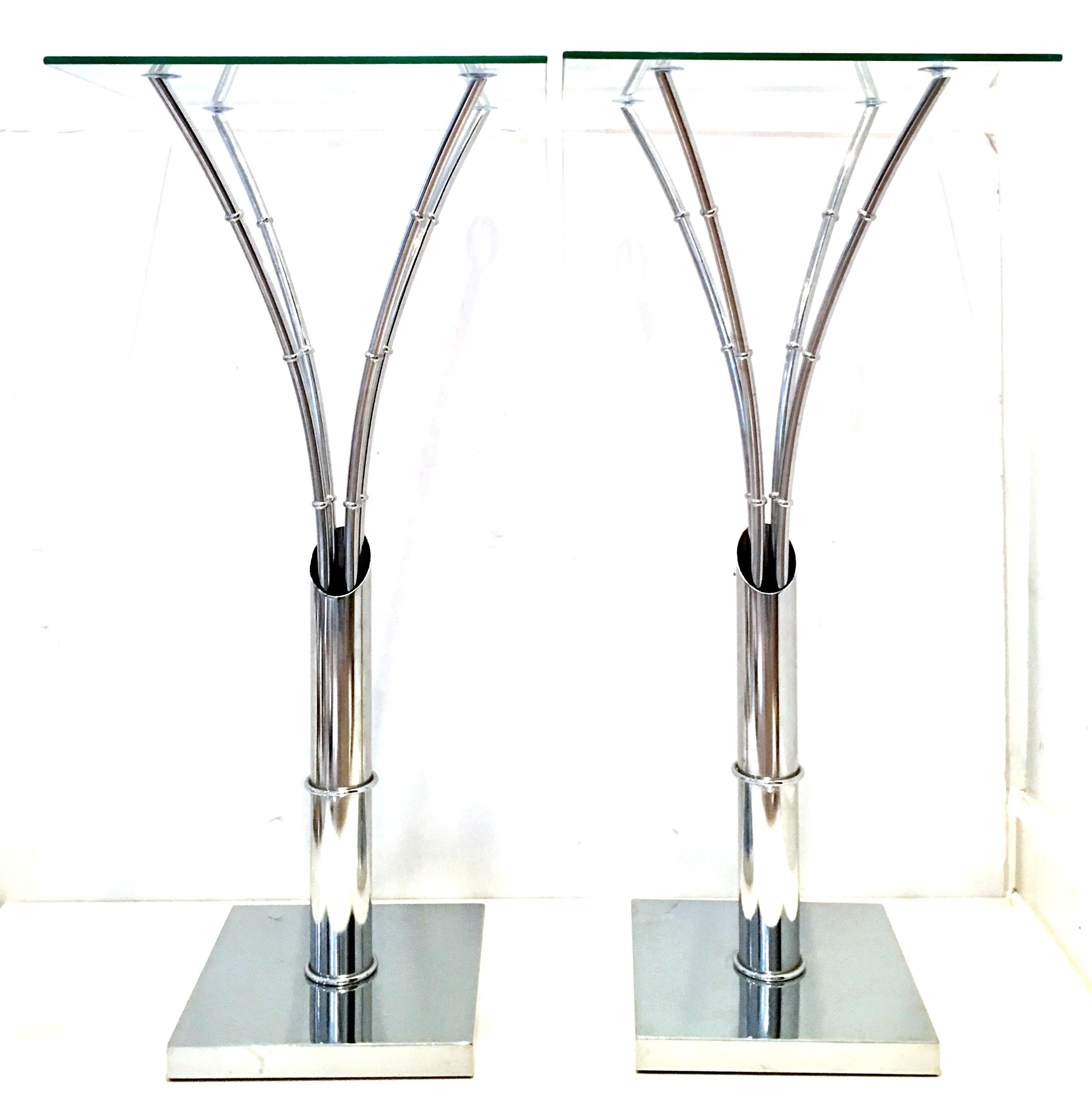 1970'S Modern, unique and timeless pair of tall and slender chrome faux bamboo and glass top tall side tables. Base is 12