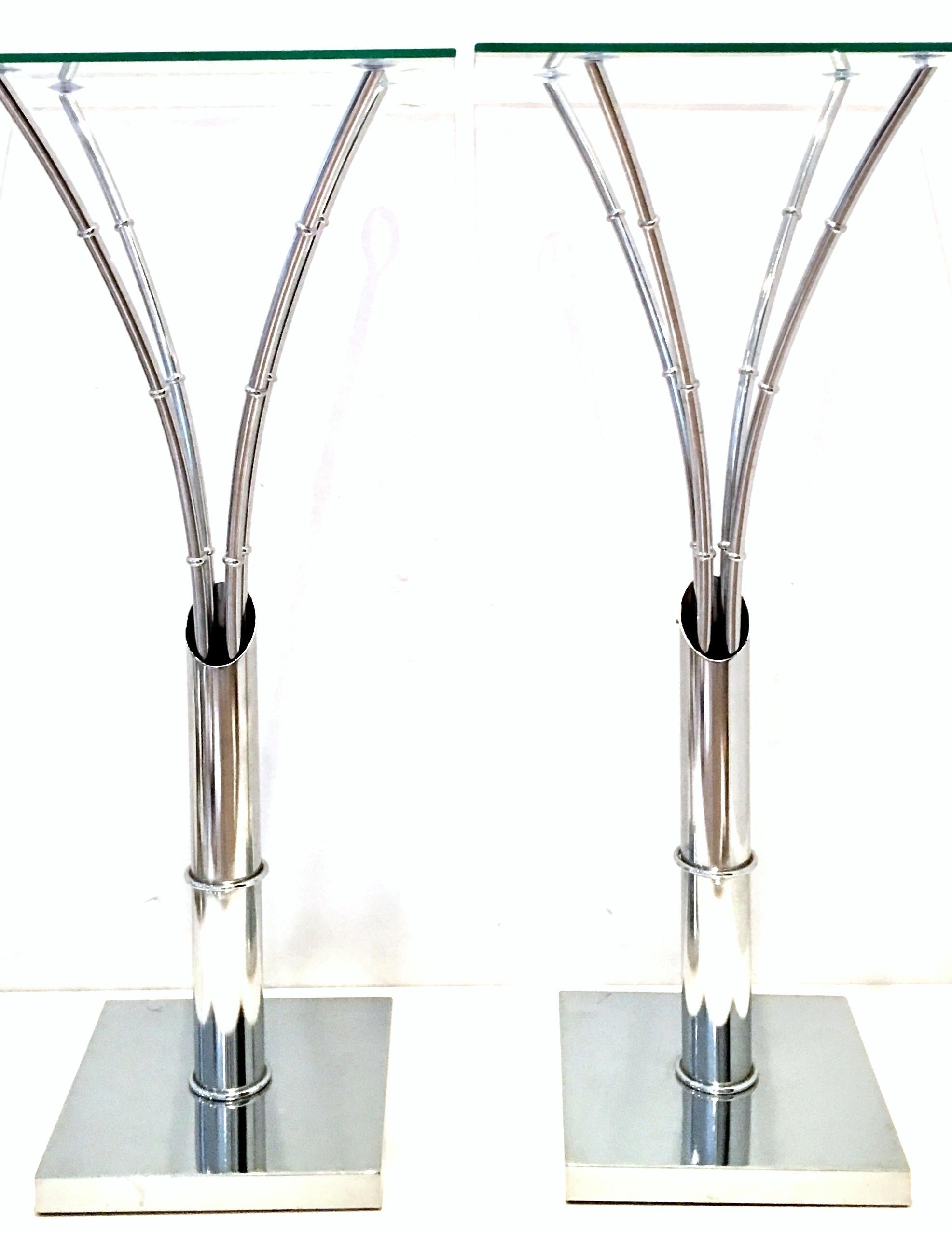 1970s Pair of Tall Chrome and Glass Faux Bamboo Side Tables (Moderne)
