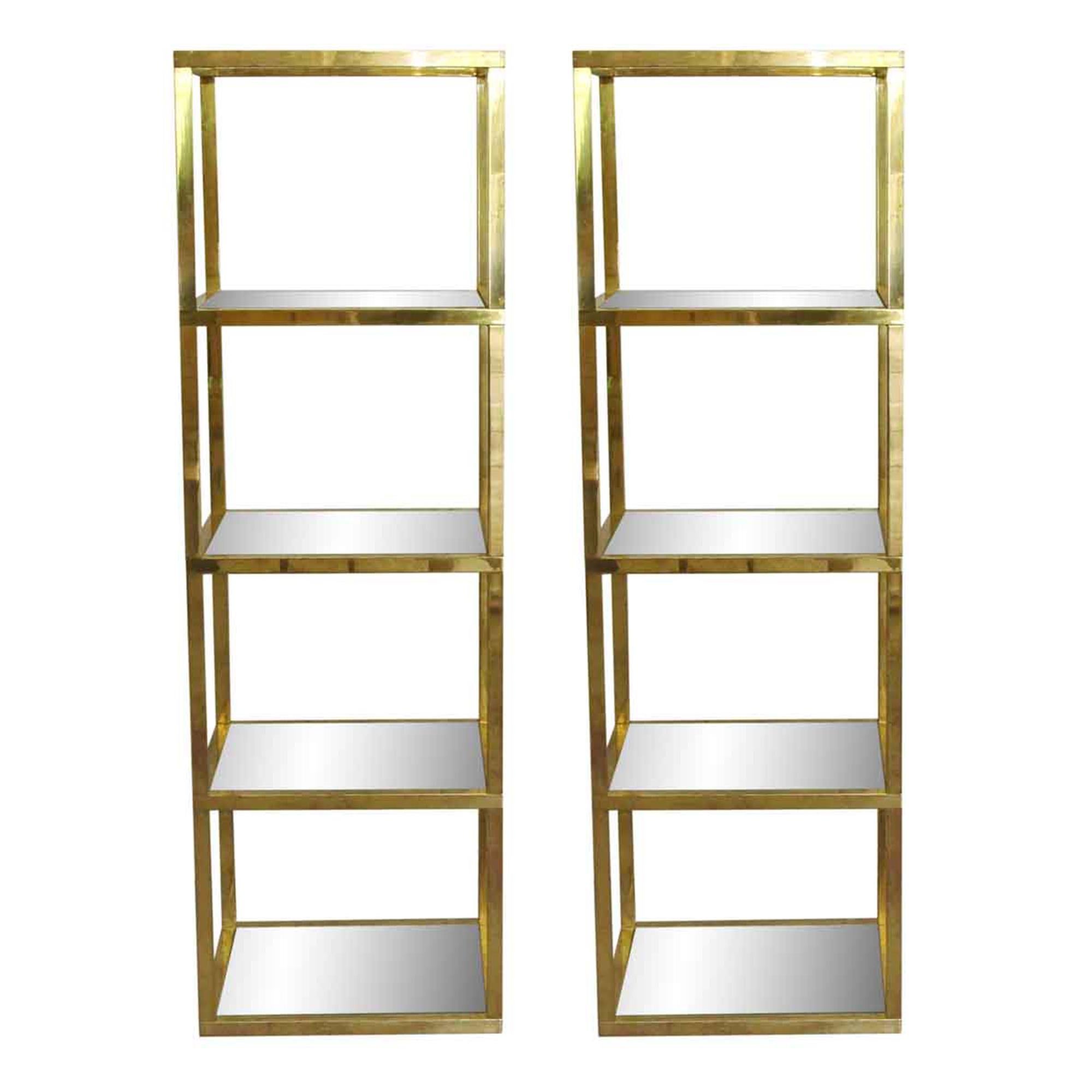 1970s Pair of Tall Polished Brass and Glass Étagère from Paris, France