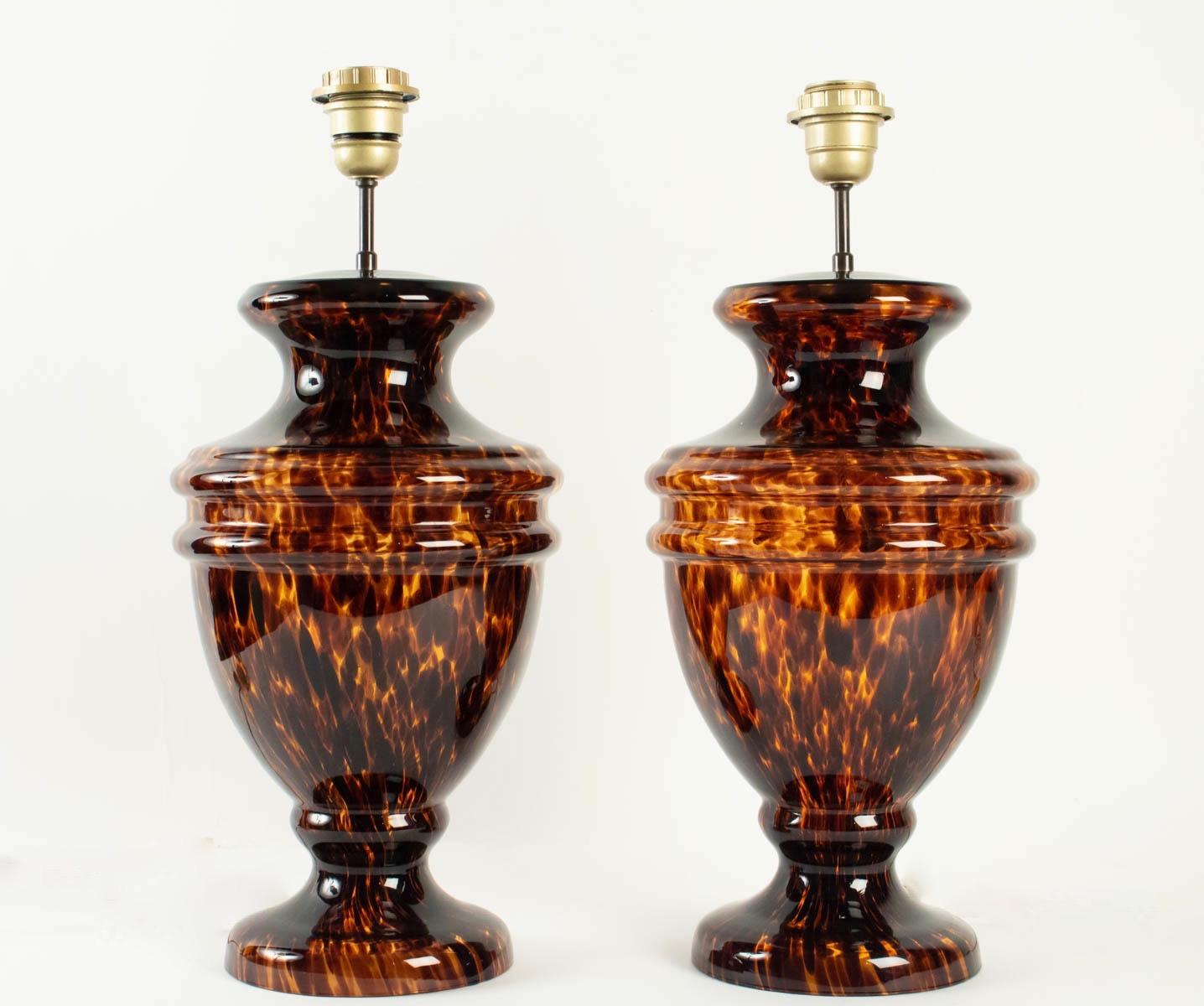 French 1970s Pair of Tortoise Shell Glass Medicis Vase Lamps