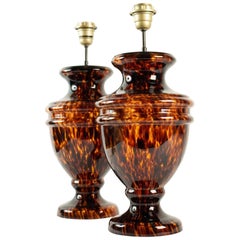 1970s Pair of Tortoise Shell Glass Medicis Vase Lamps