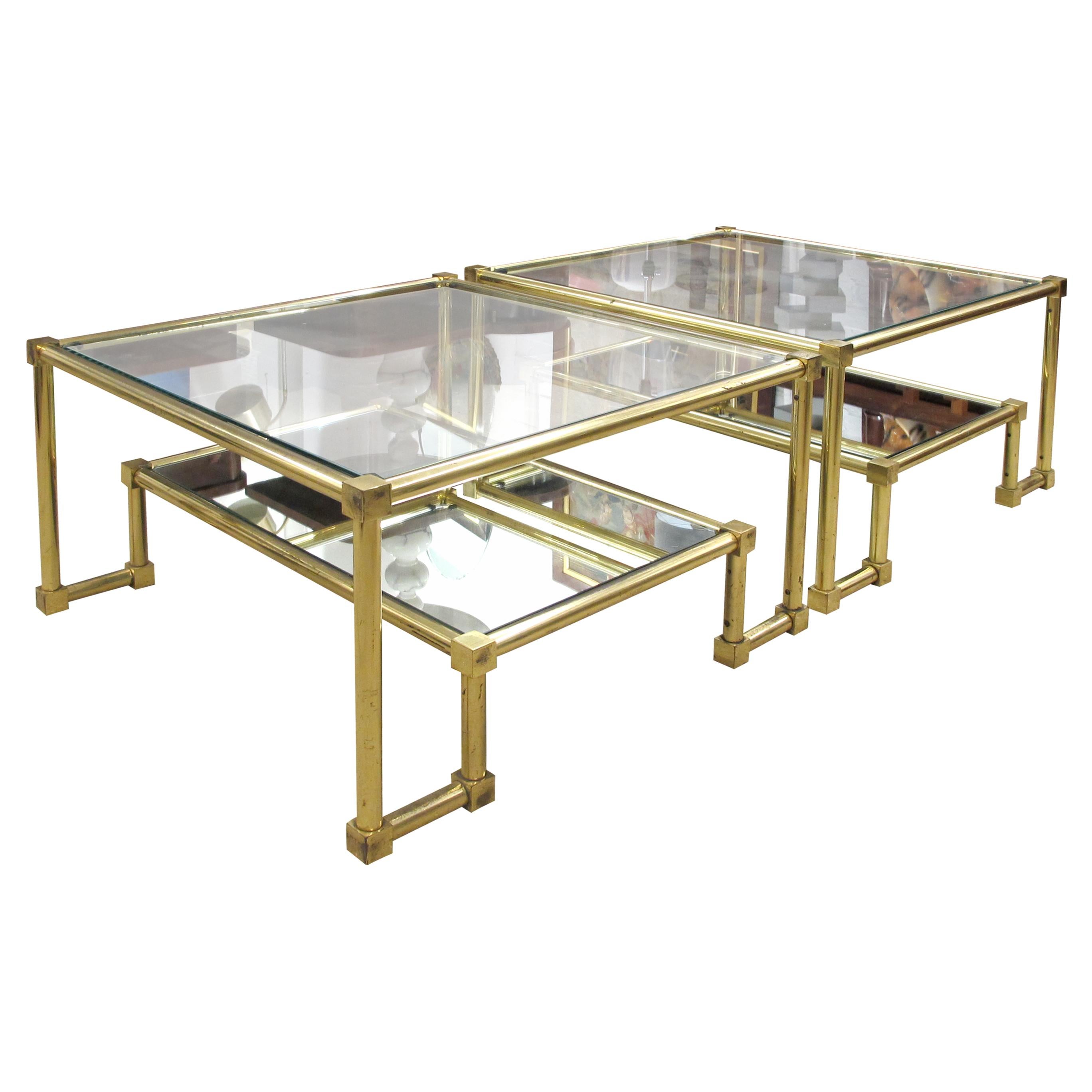Mid-Century Modern 1970s Pair of Two Tiers Square Brass and Glass Structural Coffee tables, French For Sale