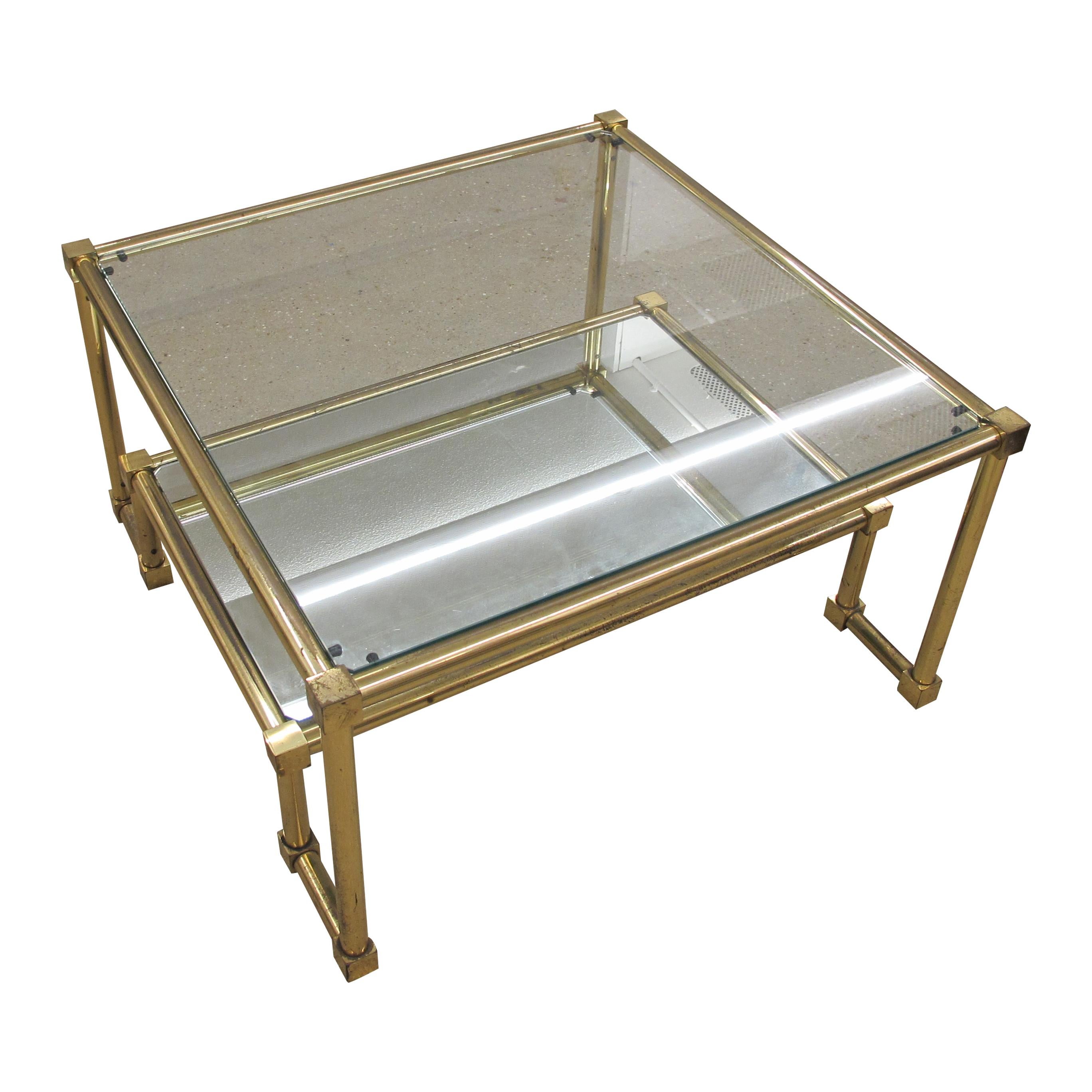1970s Pair of Two Tiers Square Brass and Glass Structural Coffee tables, French In Good Condition For Sale In London, GB