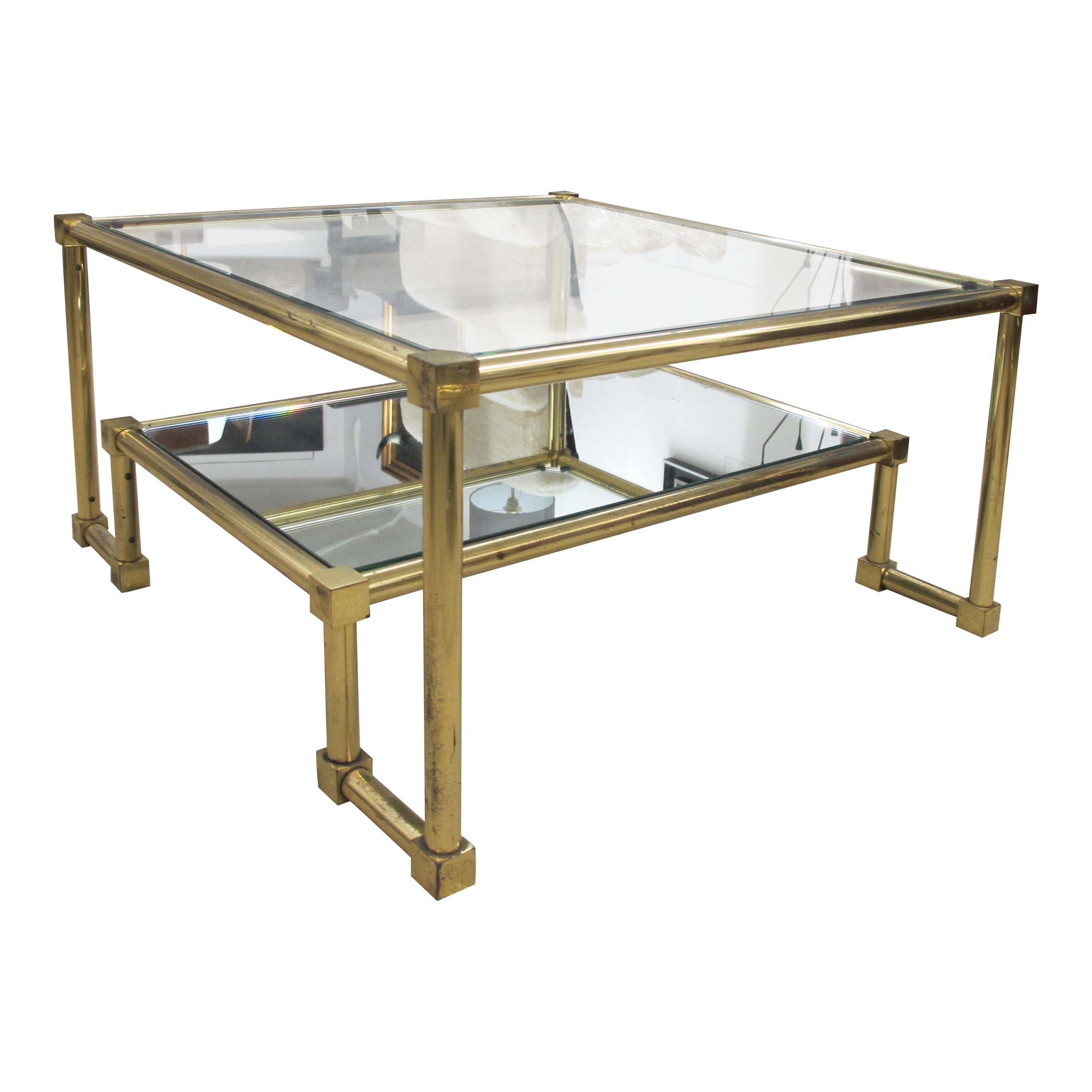 Late 20th Century 1970s Pair of Two Tiers Square Brass and Glass Structural Coffee tables, French For Sale