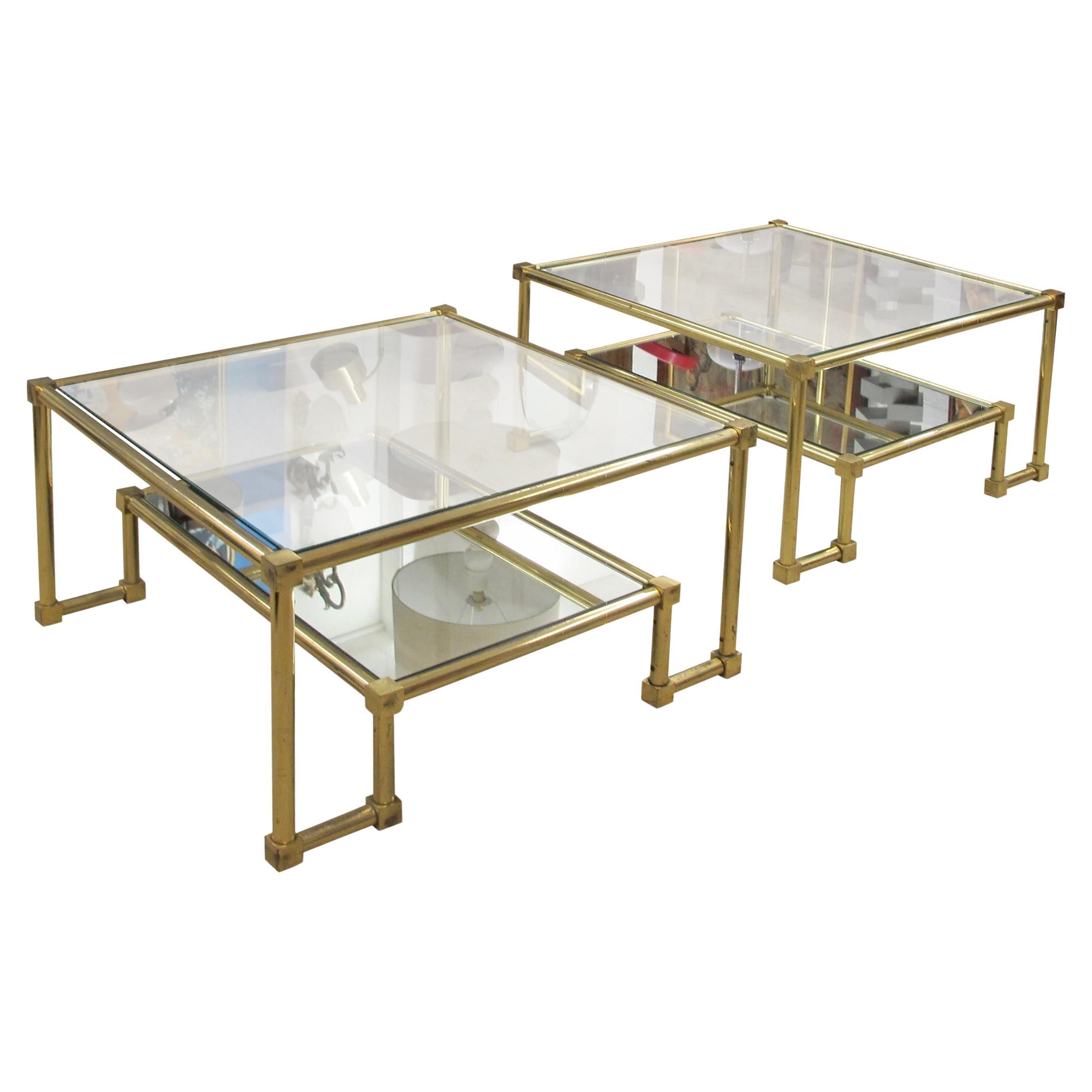 1970s Pair of Two Tiers Square Brass and Glass Structural Coffee tables, French For Sale