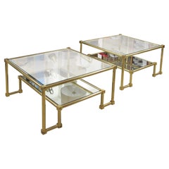1970s Pair of Two Tiers Square Brass and Glass Structural Coffee tables, French