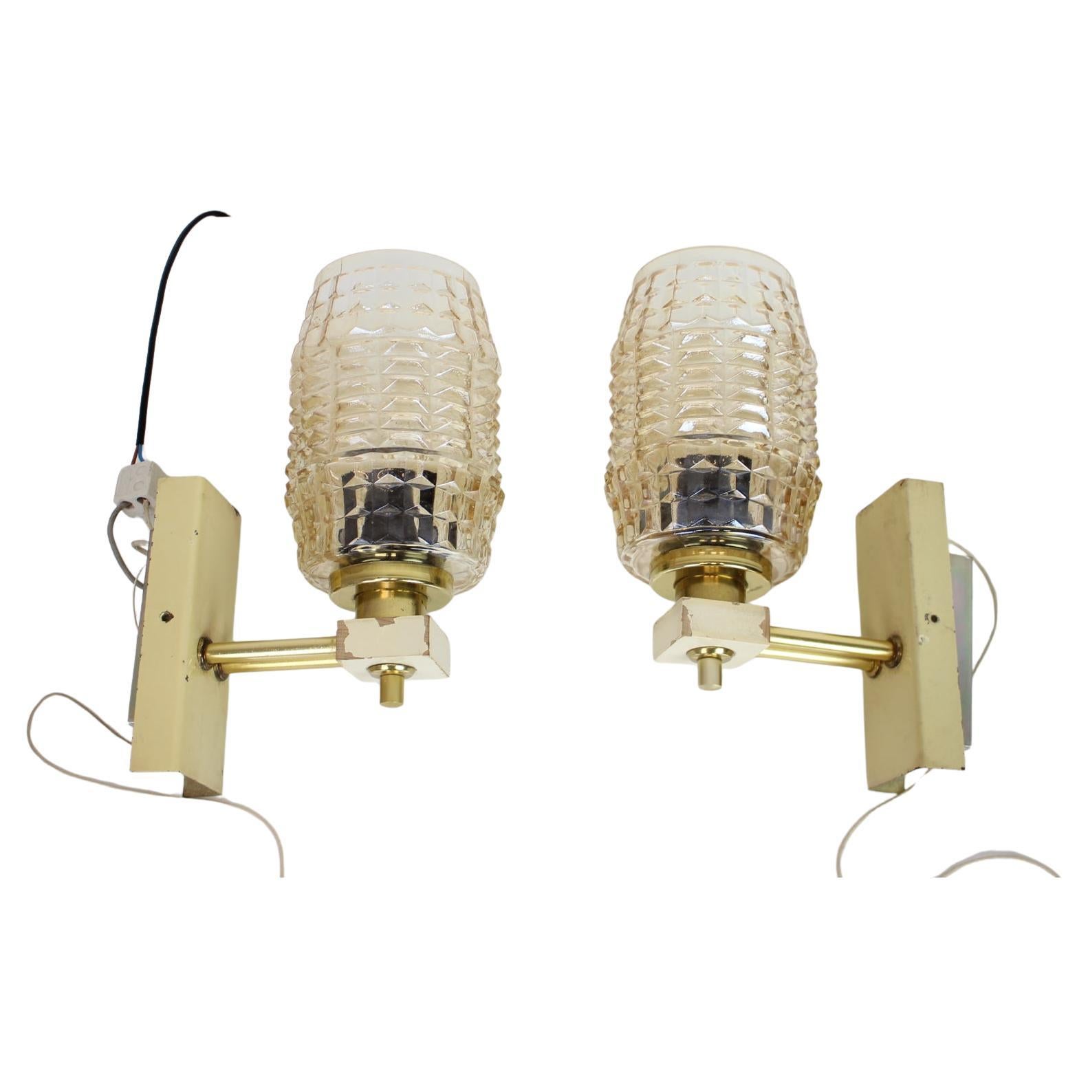 1970s Pair of Two Wall Lamps with Glass Shades, Czechoslovakia