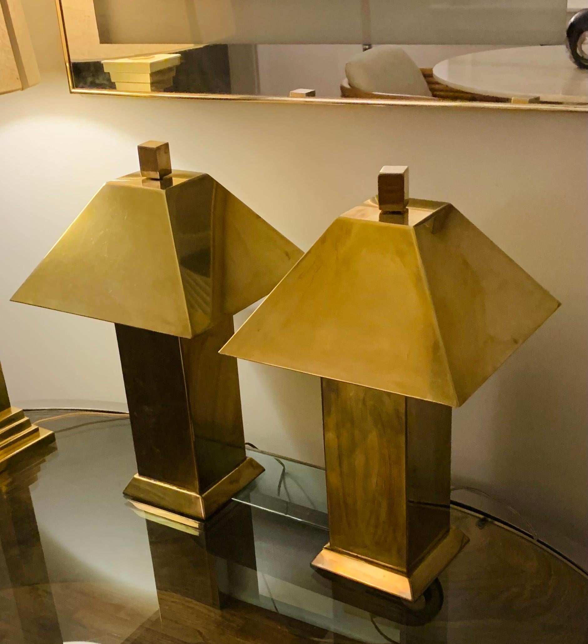 Plated 1970s Pair of Unusual Cubist Brass Table Lamps attributed to Koch and Lowy