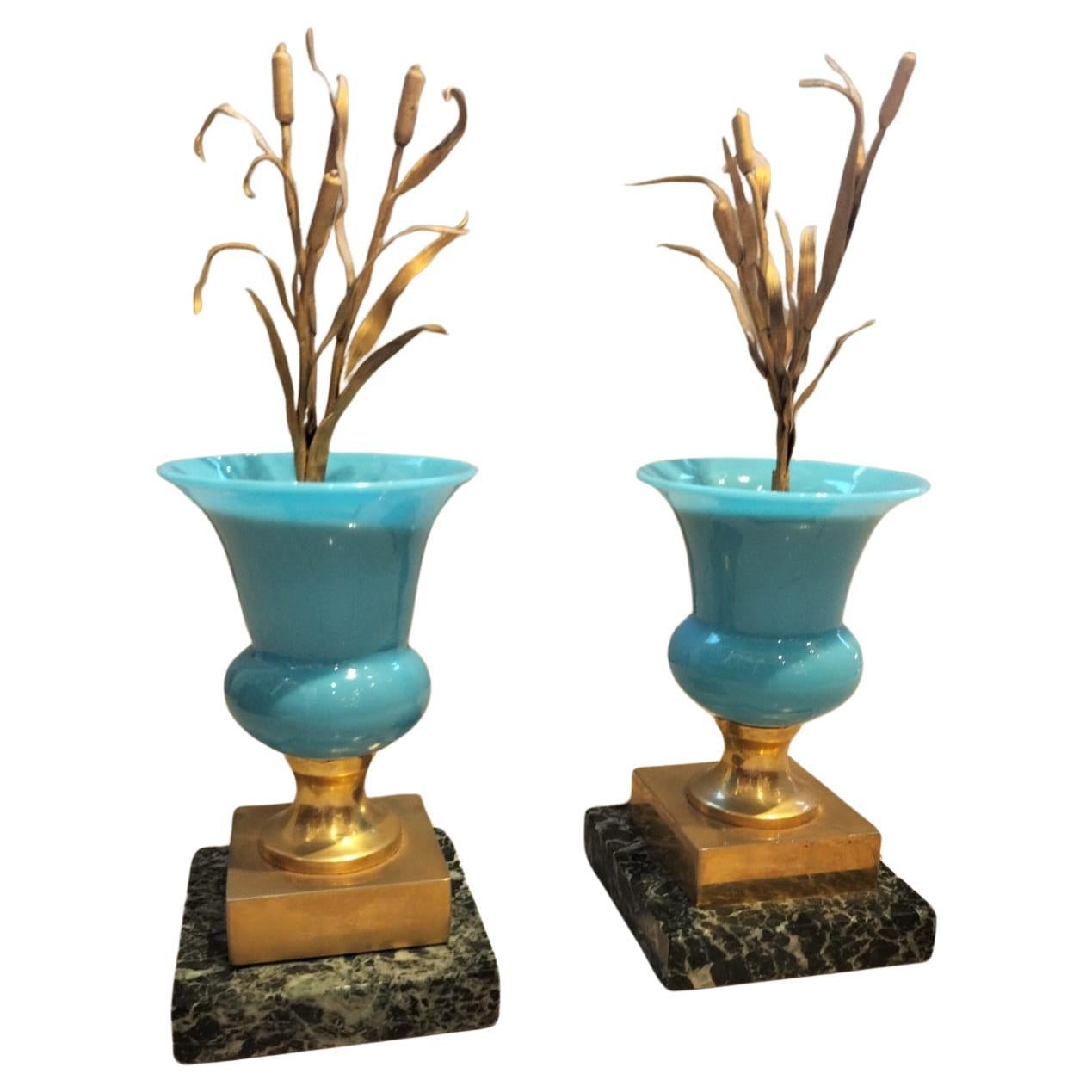 1970s Pair of Vases in Blue Opaline, Topped with Reed-Adorned Lids  For Sale