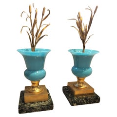 Vintage 1970s Pair of Vases in Blue Opaline, Topped with Reed-Adorned Lids 