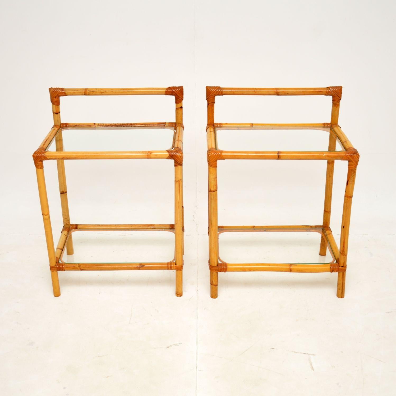 A very stylish and useful pair of vintage bamboo side tables. They were made in England by Angraves, they dates from the 1970’s.

The quality is excellent, they are very well made and are a useful size. They would make excellent bedside tables,