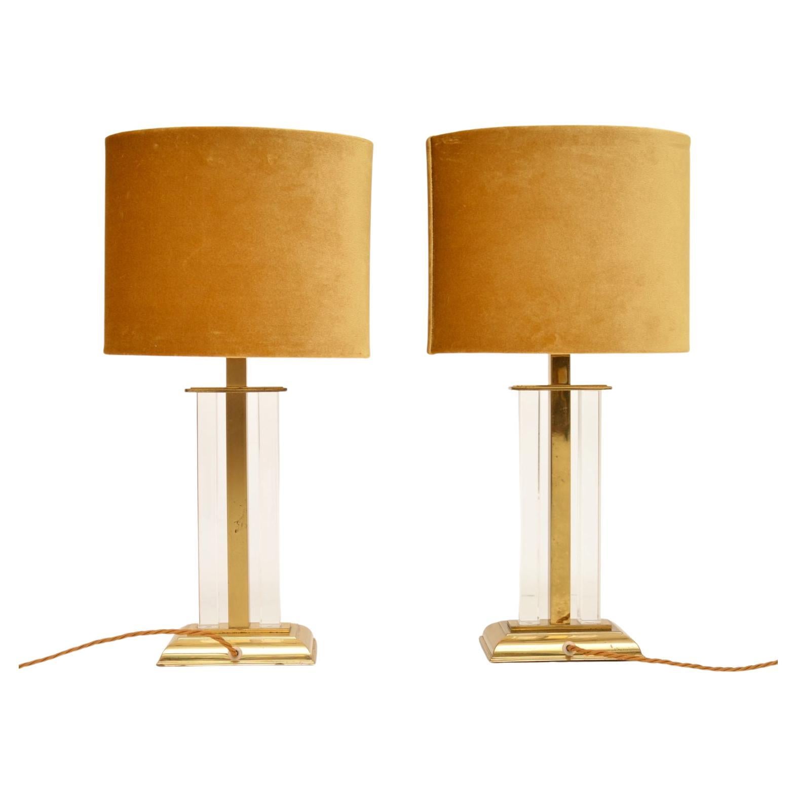 1970's Pair of Vintage Brass & Lucite Table Lamps