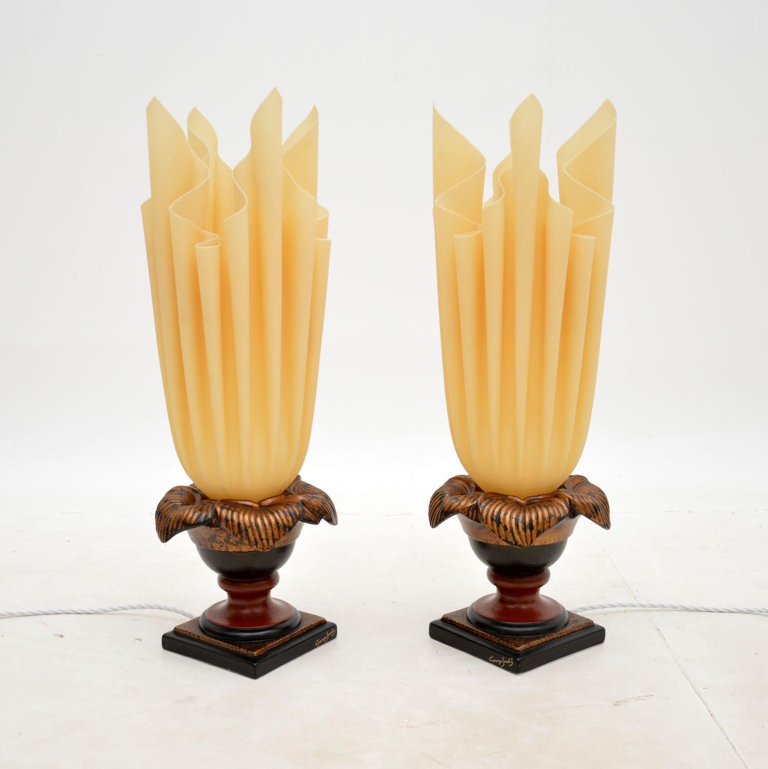 A stunning pair of vintage French ‘Flaming’ table lamps by Georgia Jacob. They were made in Paris, they date from around the 1970’s.

They are of amazing quality and have a stunning design. The shades have a beautiful shape in the manner of flaming