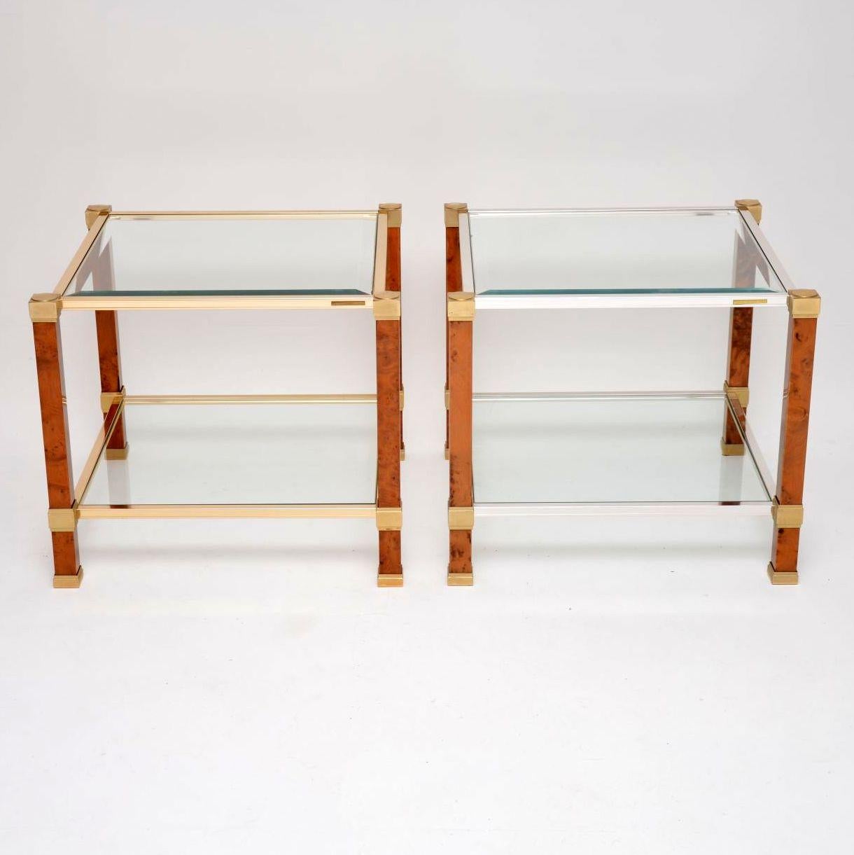 A stunning pair of vintage side tables, these were made by Pierre Vandel in Paris, they date from the 1970s. They are very well made and are in excellent condition for their age. The frames are clean, sturdy and sound, with beautiful burr walnut