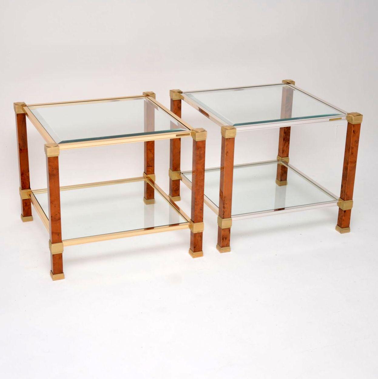 Mid-Century Modern 1970s Pair of Vintage French Walnut and Glass Side Tables