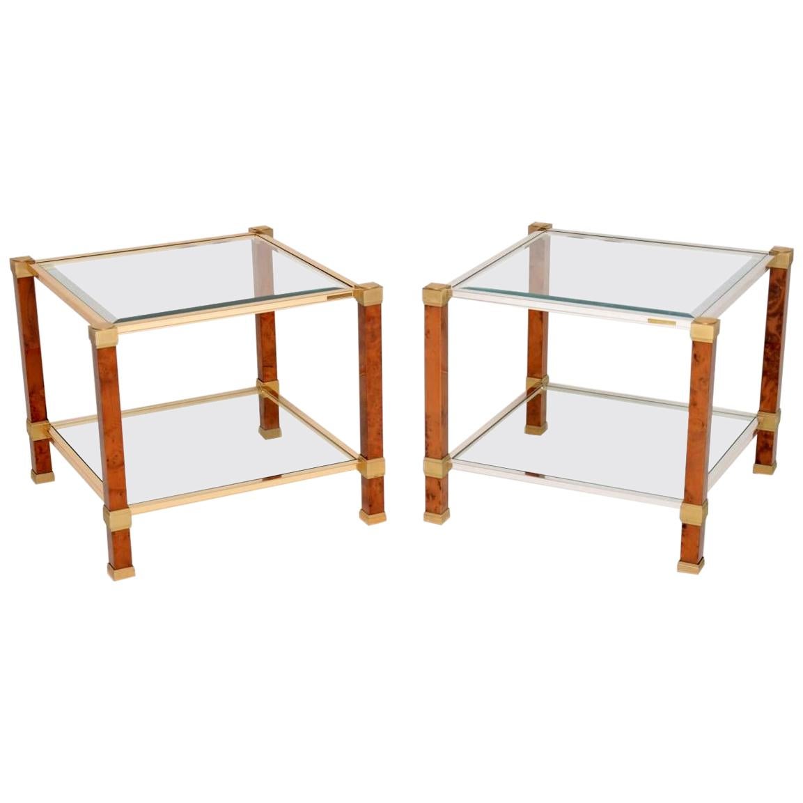 1970s Pair of Vintage French Walnut and Glass Side Tables
