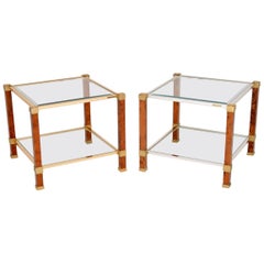 1970s Pair of Vintage French Walnut and Glass Side Tables