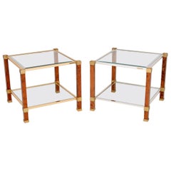 1970s Pair of Vintage French Walnut and Glass Side Tables