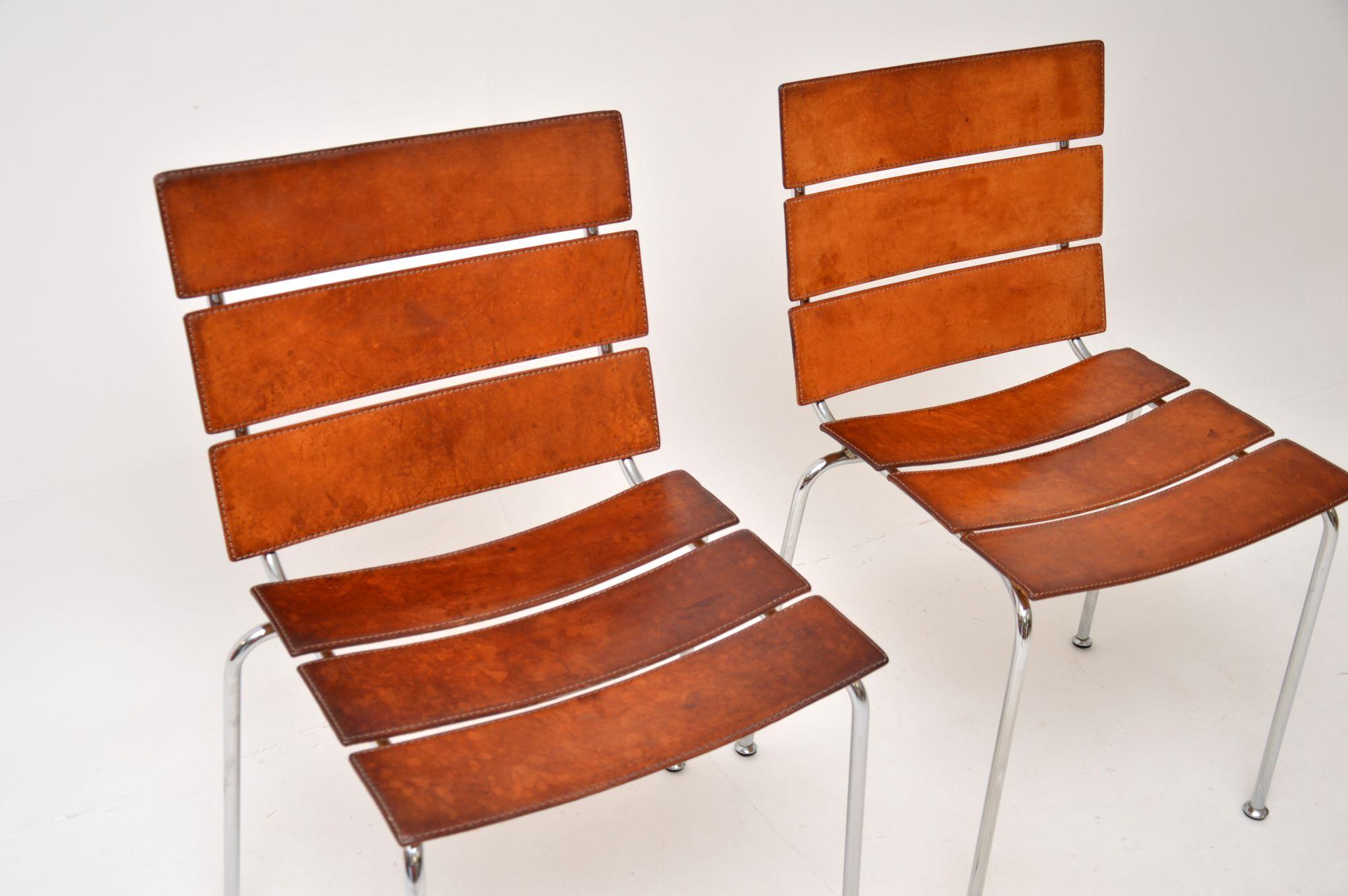 Late 20th Century 1970’s Pair of Vintage Italian Leather & Chrome ‘Stripe’ Chairs by Giancarlo Veg For Sale