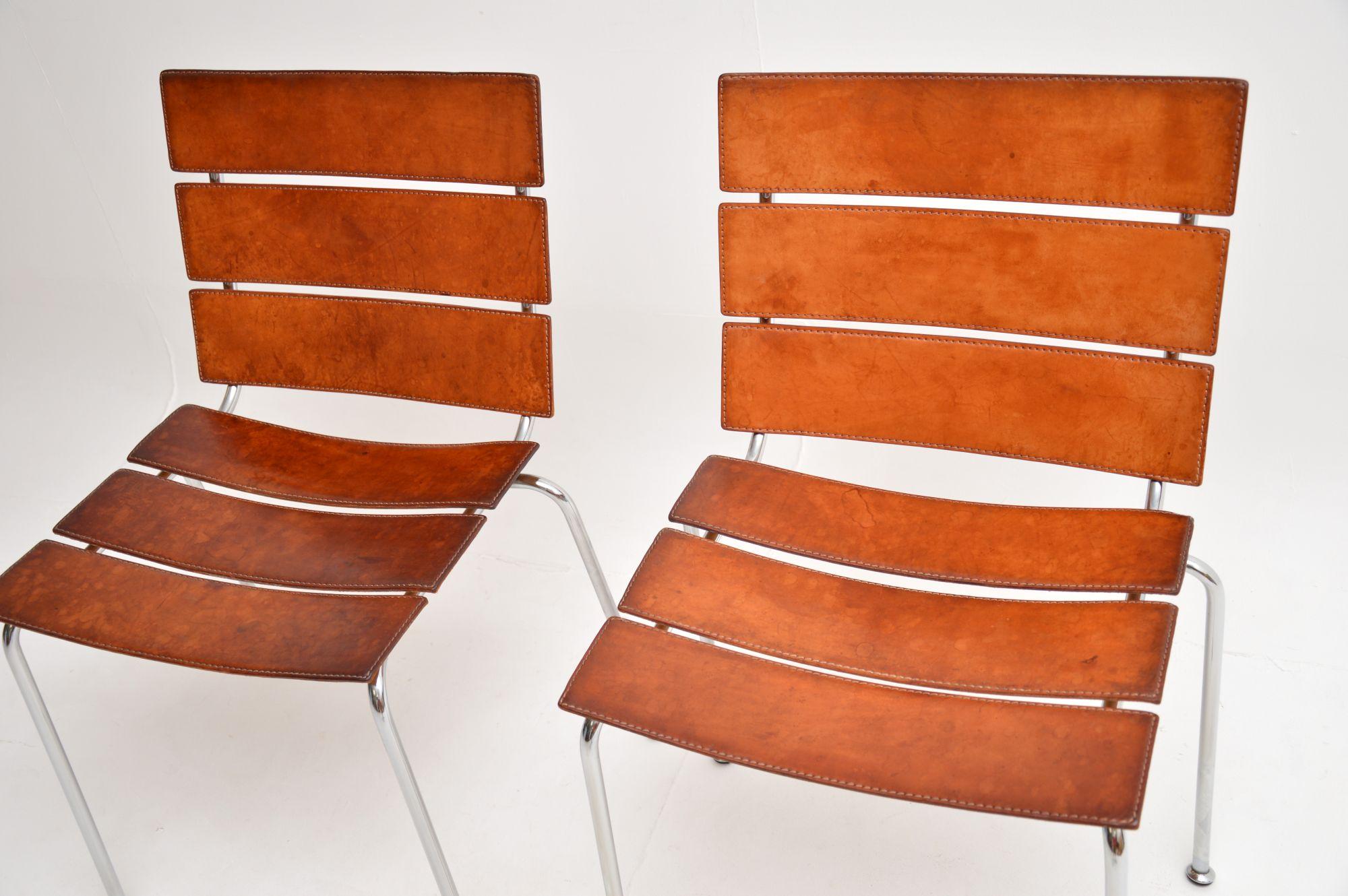 1970’s Pair of Vintage Italian Leather & Chrome ‘Stripe’ Chairs by Giancarlo Veg For Sale 1