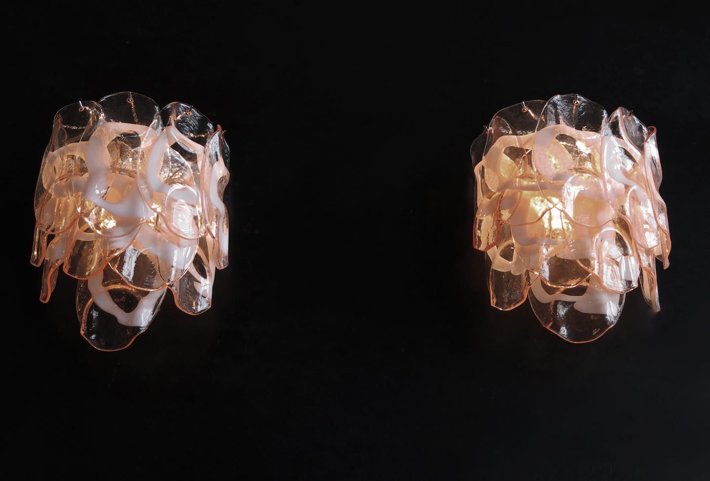 Pair of Vintage Italian Murano appliques in Vistosi style. Wall lights have 10 fantastic Murano pink and transparent glasses (