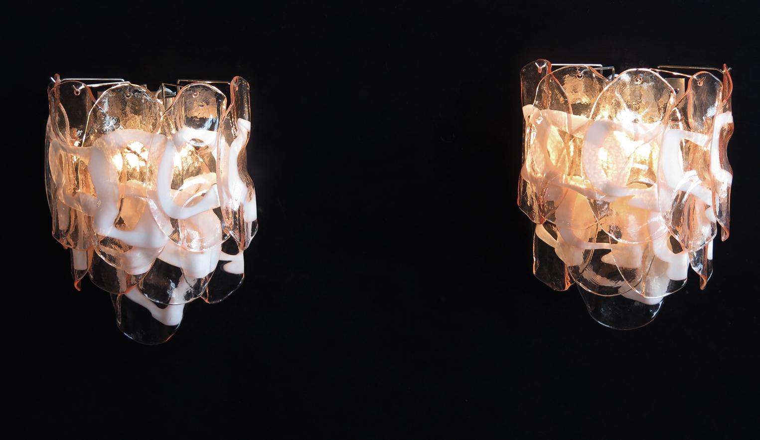 Late 20th Century 1970’s Pair of Vintage Italian Murano Wall Lights, 10 Pink Glasses