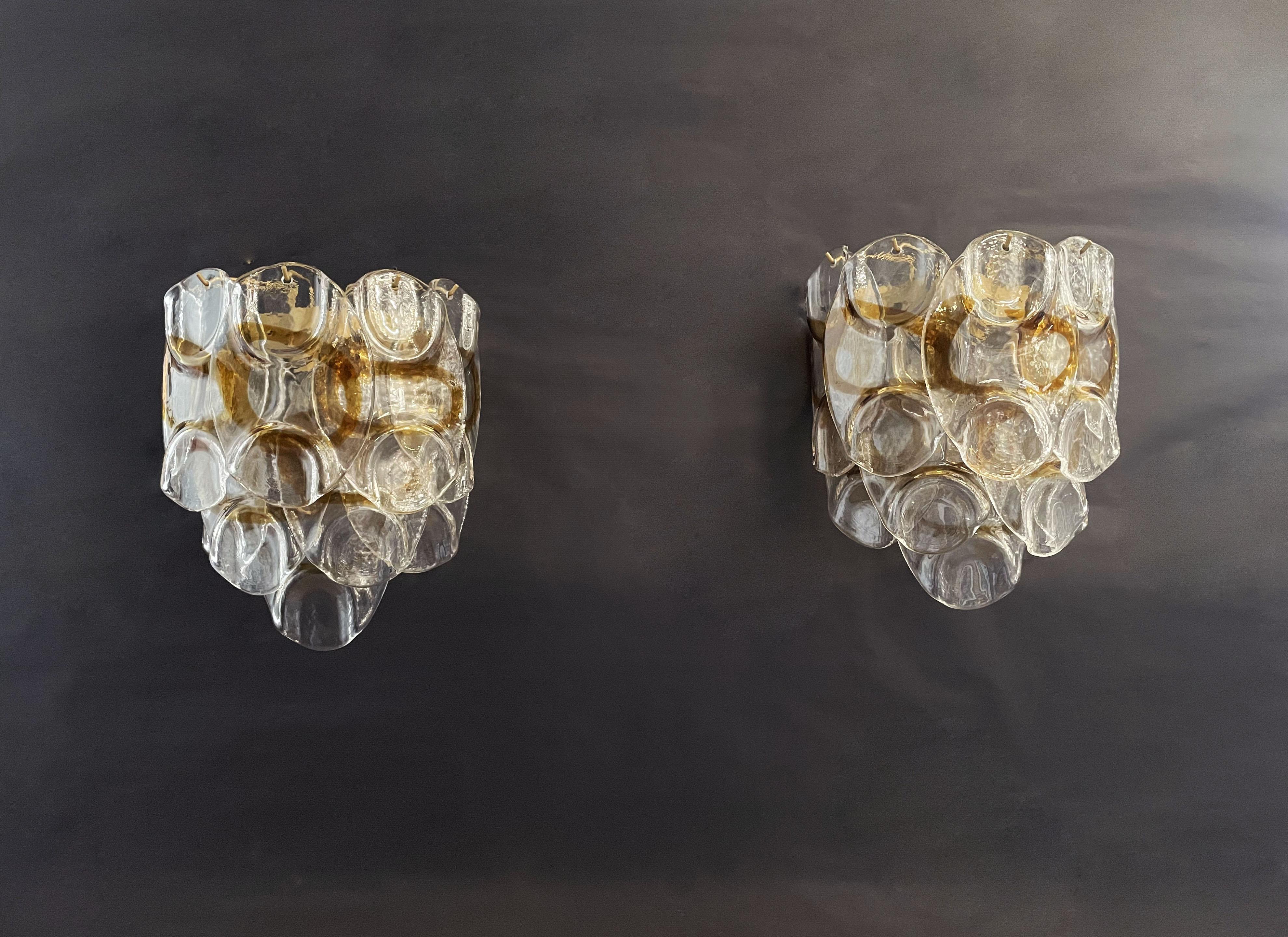 Pair of vintage Italian Murano appliques in Vistosi style. Wall lights have 10 fantastic Murano amber and trasparent glasses (