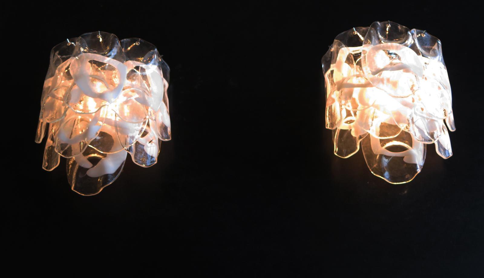 Pair of vintage Italian Murano appliques in Vistosi style. Wall lights have 10 fantastic Murano white lattimo and transparent glasses (