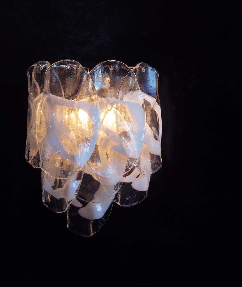 Late 20th Century 1970’s Pair of Vintage Italian Murano wall lights - 10 white lattimo glasses For Sale