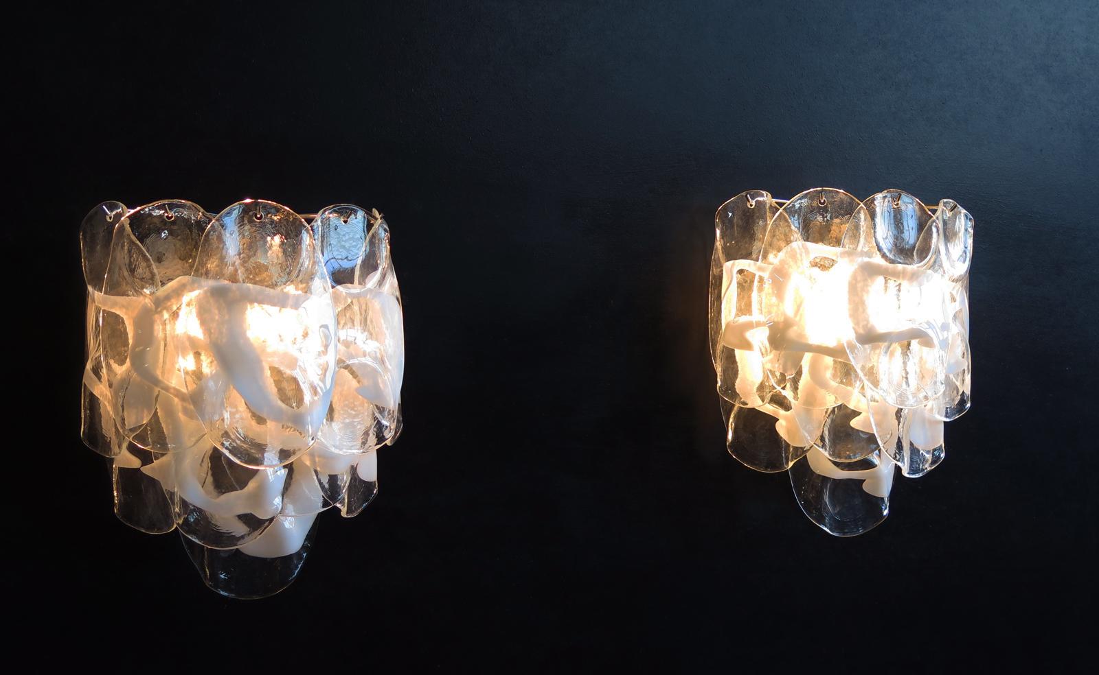 Art Glass 1970’s Pair of Vintage Italian Murano wall lights - 10 white lattimo glasses For Sale