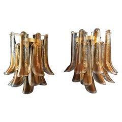 1970’s Pair of Vintage Italian Murano Wall Lights, Amber Glass Petals