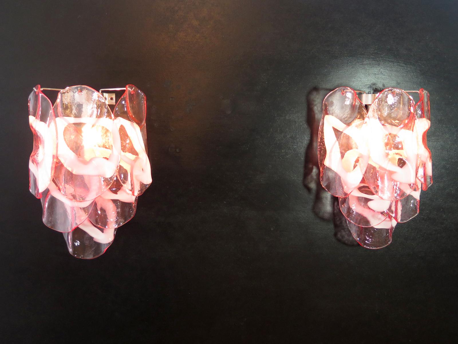 Mid-Century Modern 1970s Pair of Vintage Italian Murano Wall Lights, Pink Lattimo Glasses For Sale