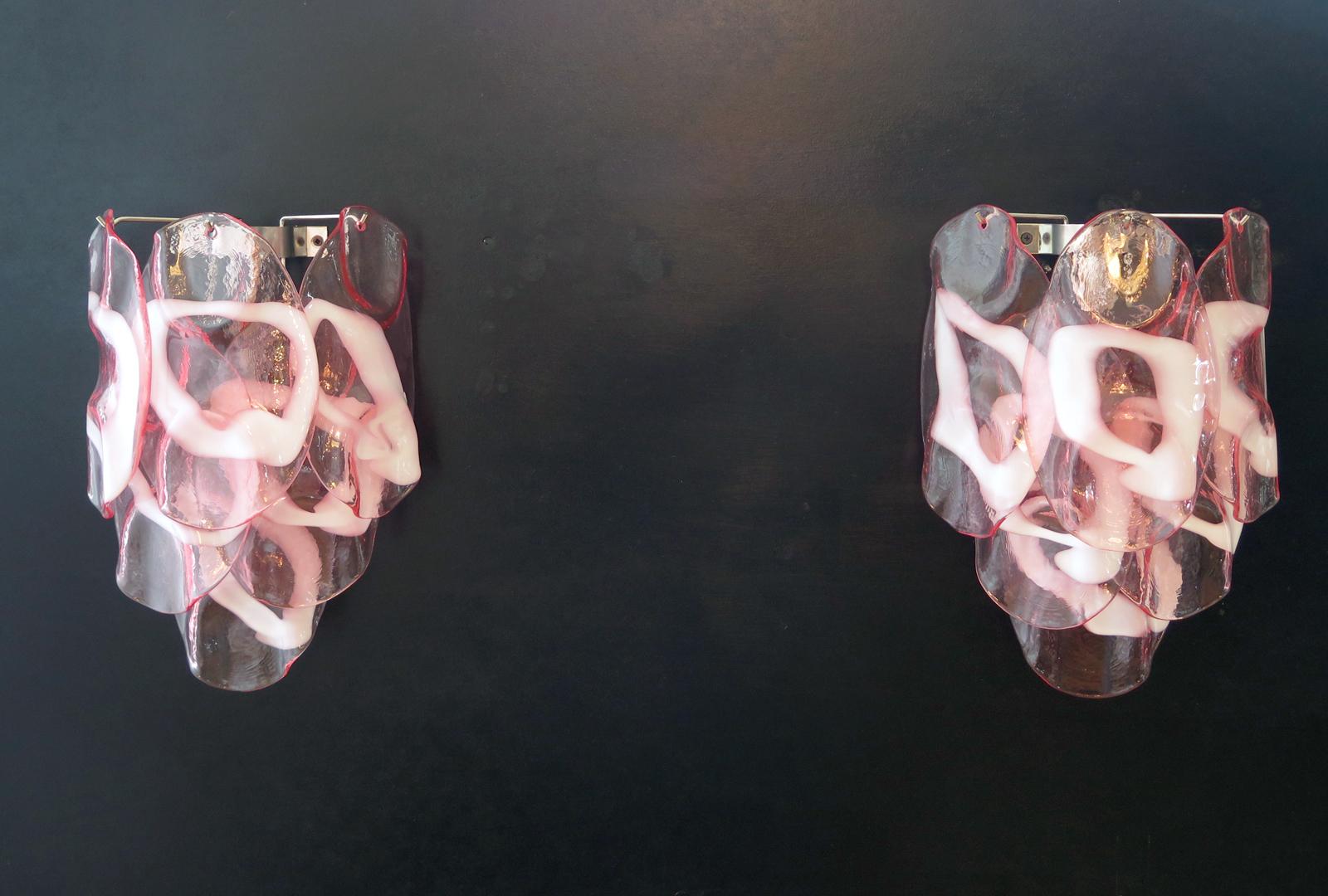 Galvanized 1970s Pair of Vintage Italian Murano Wall Lights, Pink Lattimo Glasses For Sale