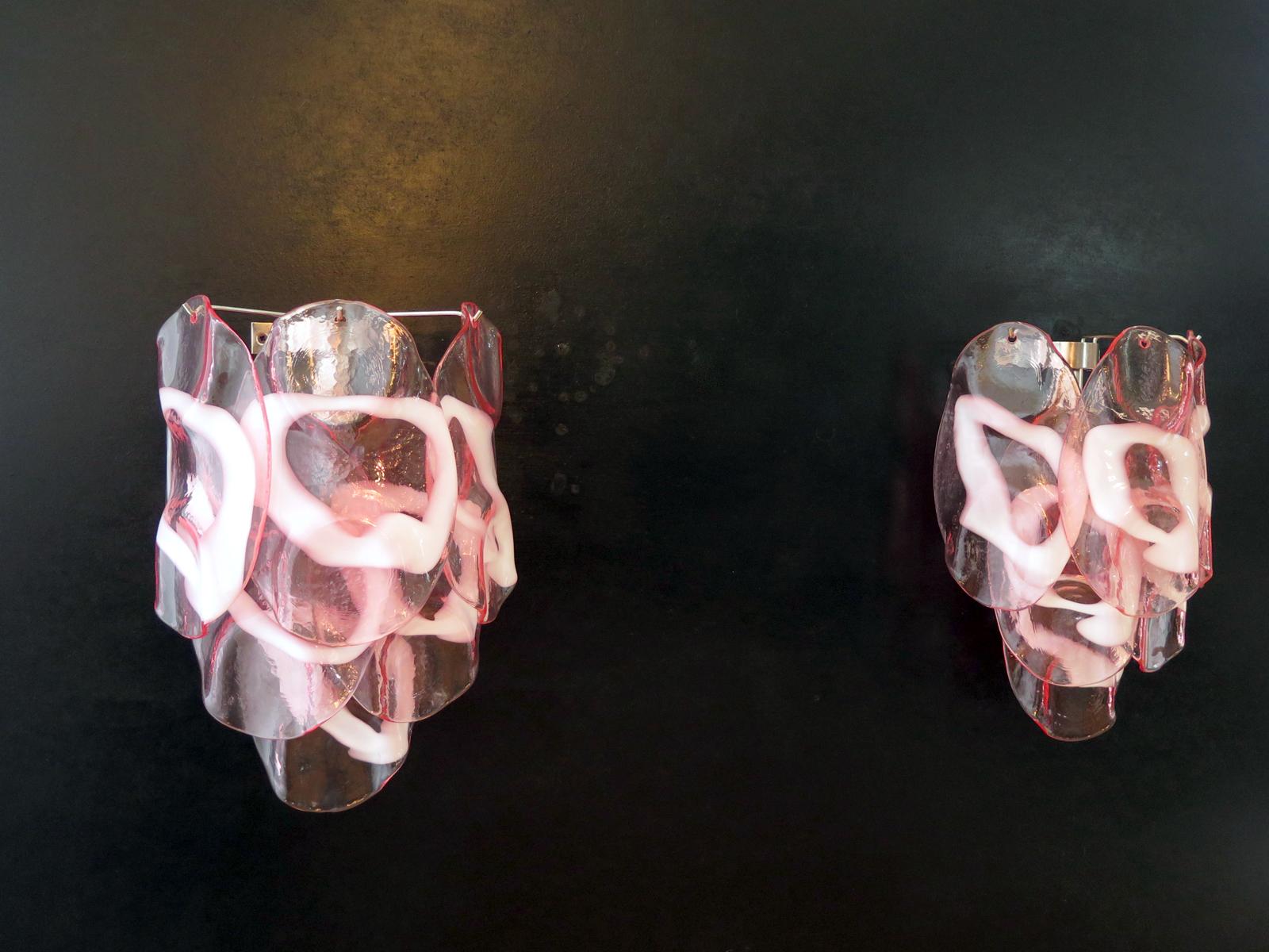 20th Century 1970s Pair of Vintage Italian Murano Wall Lights, Pink Lattimo Glasses For Sale