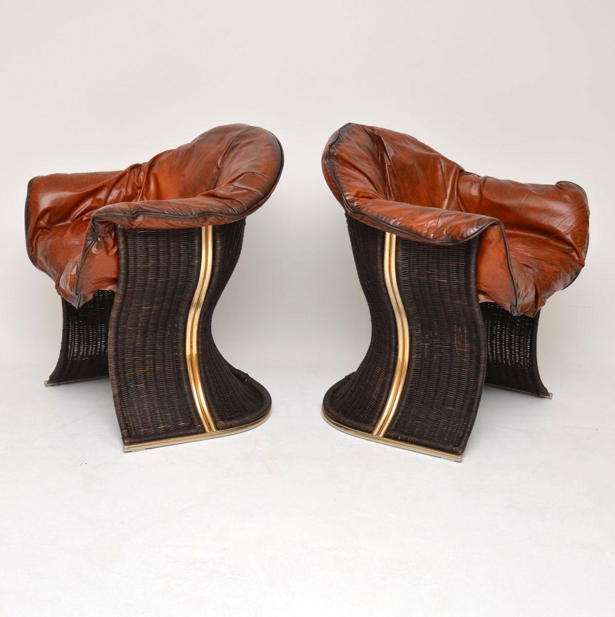 Mid-Century Modern 1970s Pair of Vintage Leather & Wicker ‘Venus’ Armchairs by Pieff