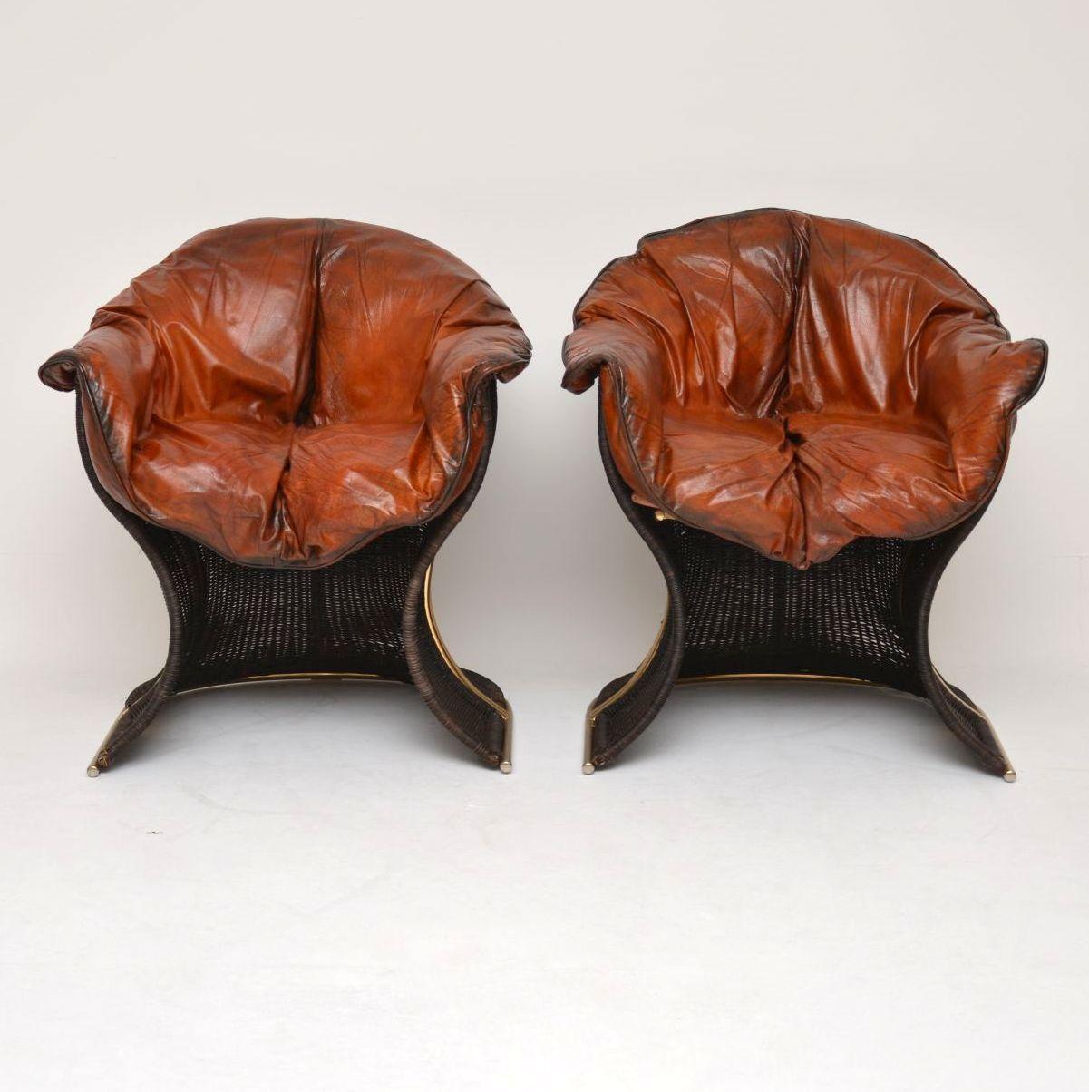 English 1970s Pair of Vintage Leather & Wicker ‘Venus’ Armchairs by Pieff